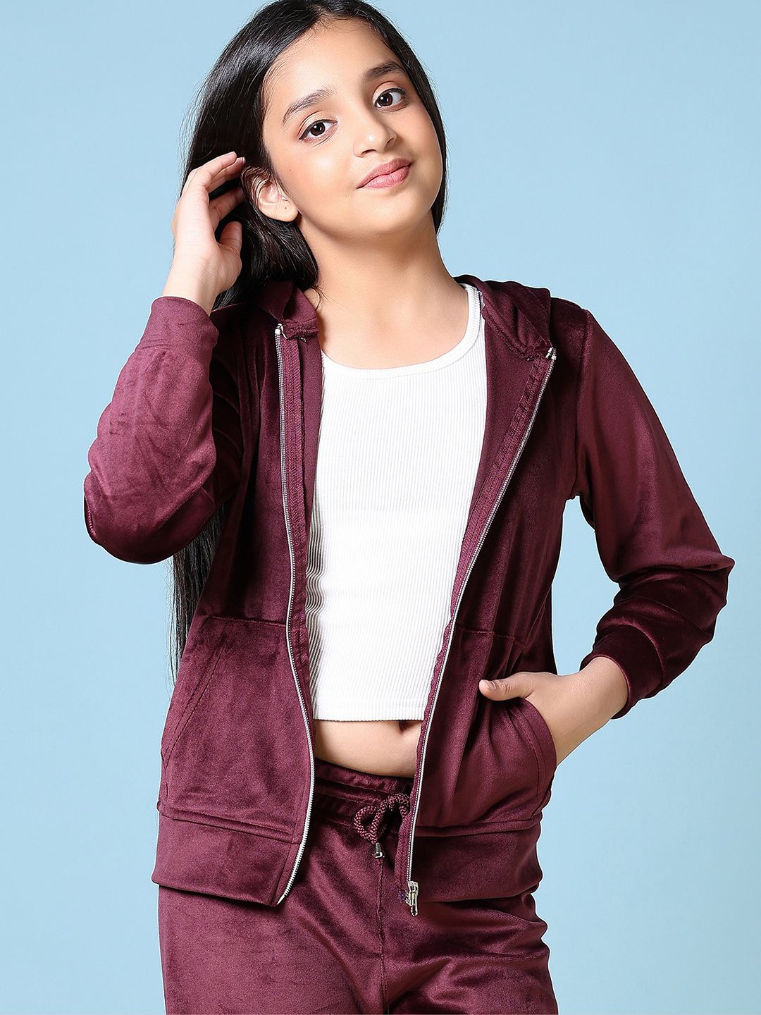 

V-Mart Girls Hooded Pocket Detailing Pure Cotton Jacket With Trousers, Maroon