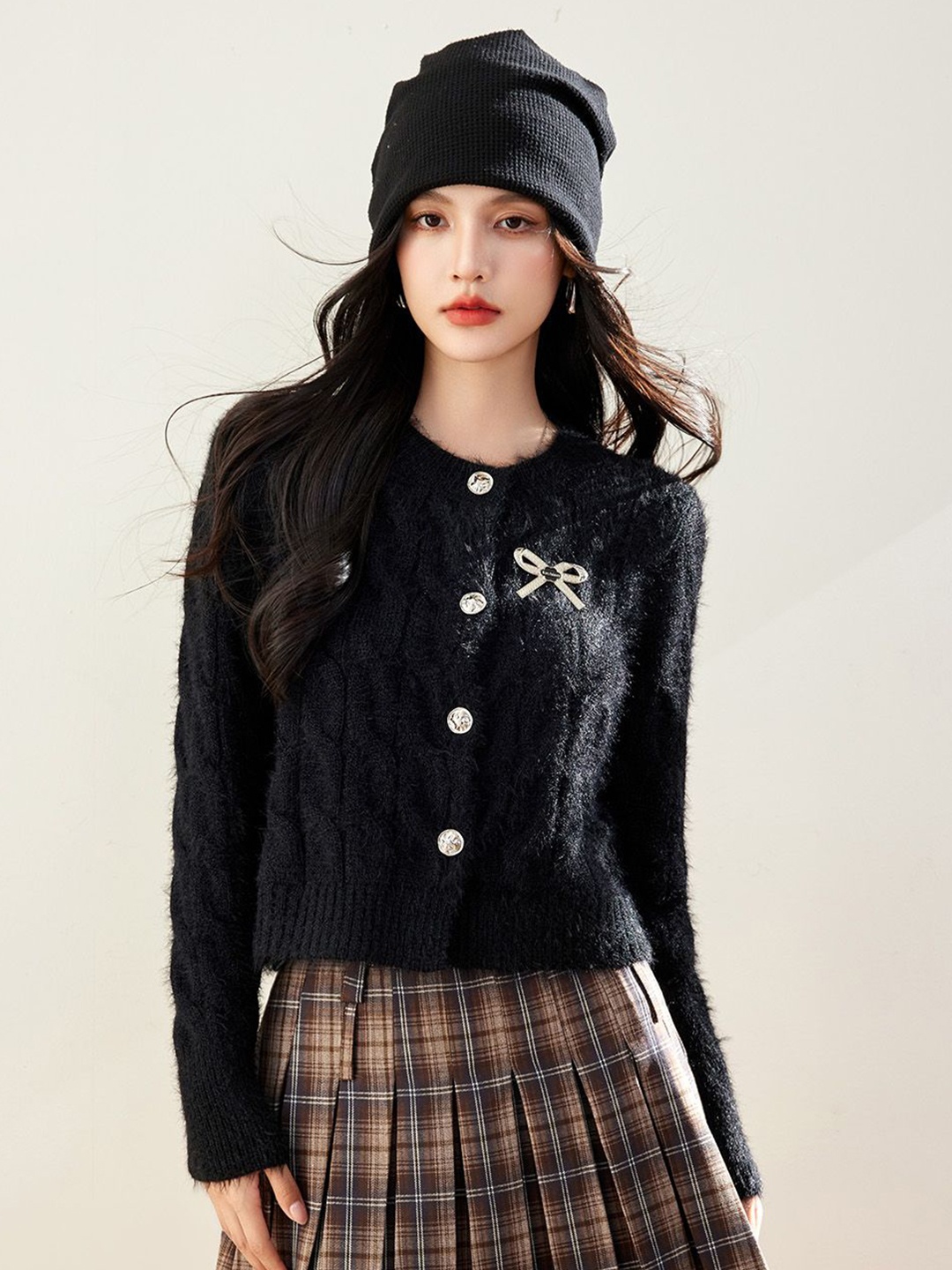 

JC Collection Women Cable Knit Round Neck Long Sleeves Cardigan Sweater, Black