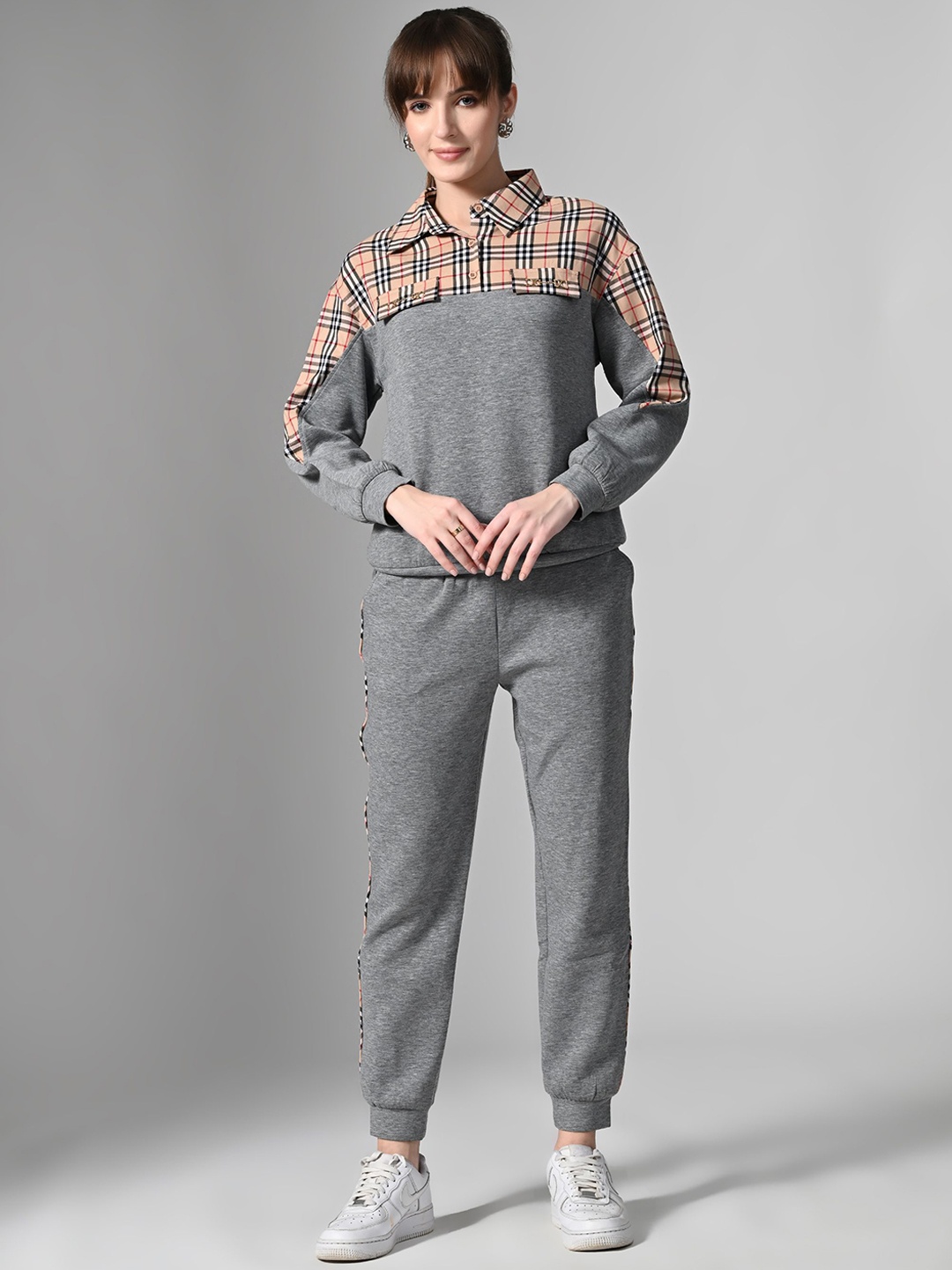 

PANKH Checked Shirt Collar Long Sleeves Pure Wool Sweatshirt & Jogger, Grey