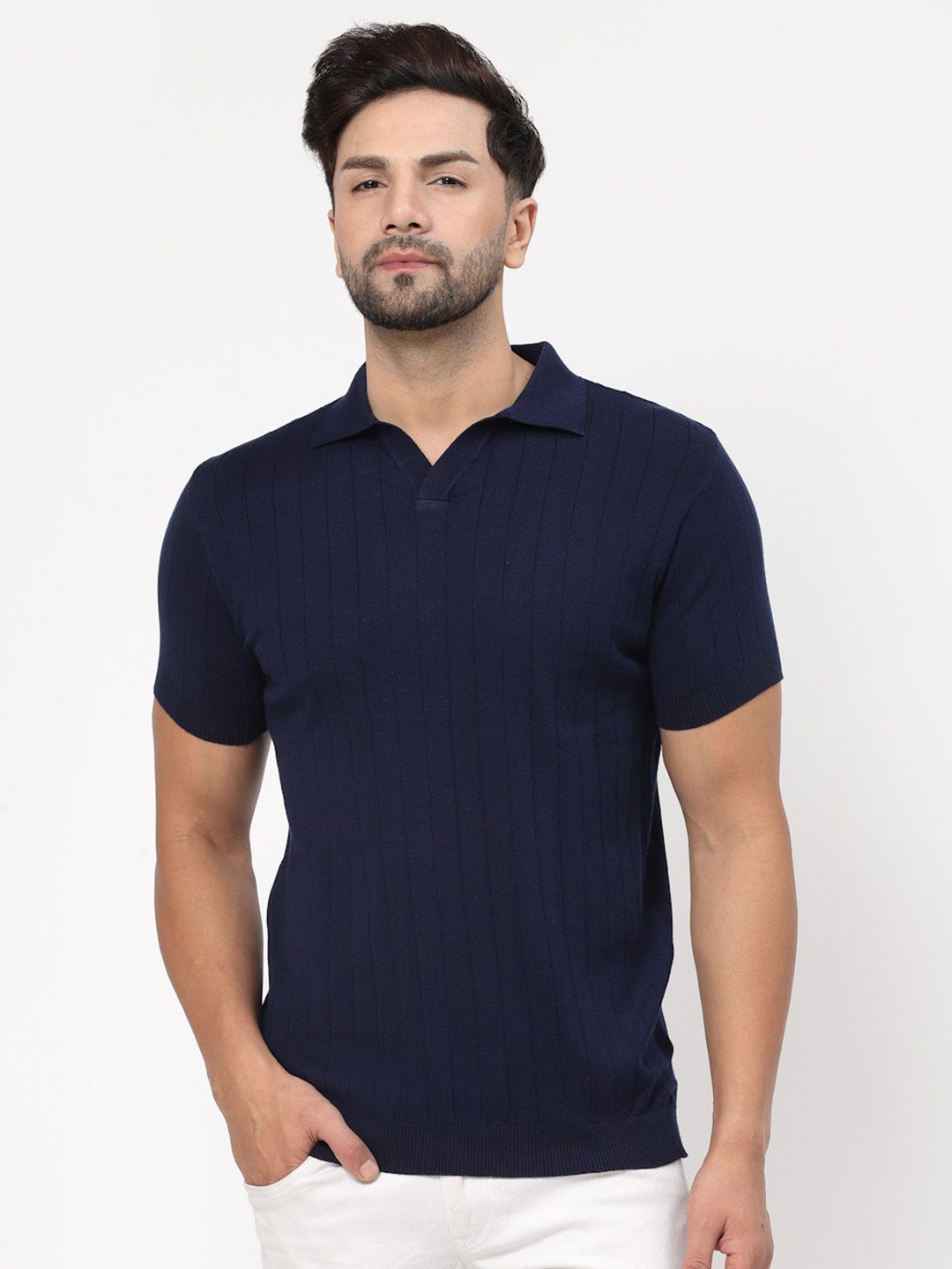 

Kalt Men Textured Knit Polo Collar T-Shirt, Navy blue