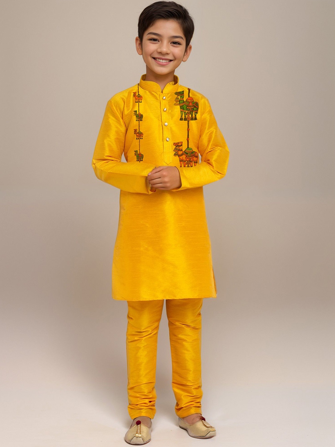 

DEVOILER Boys Ethnic Motifs Printed Dupion Silk Kurta, Mustard