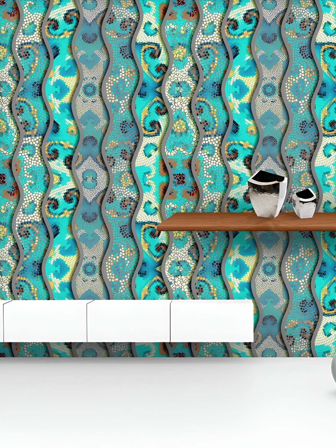 

ArtzFolio Printed UV-Resistant Anti-Bacterial Ornate Mosaic Waves Peel & Stick Wallpaper, Multi