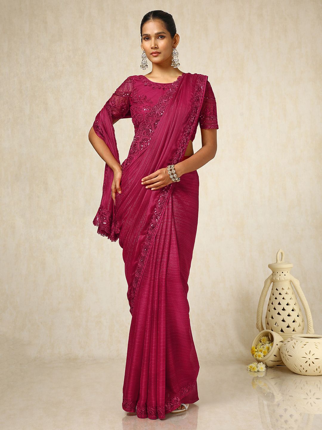 

Soch Striped Sequinned Pure Chiffon Saree, Pink