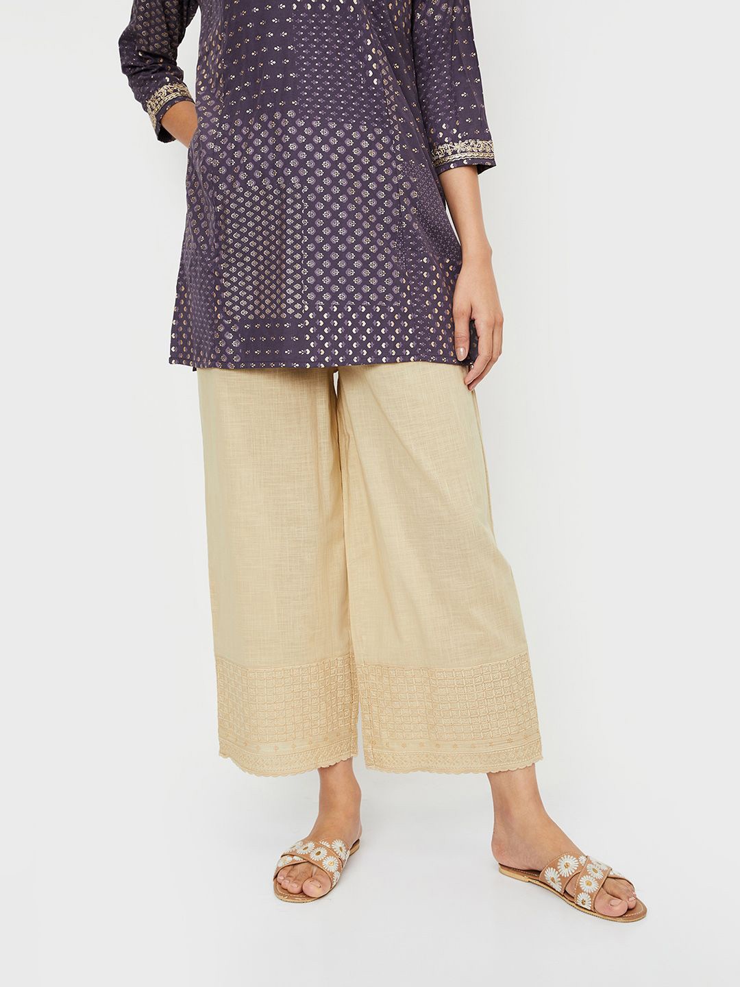 

max Women Hem Design Straight Cotton Palazzos, Beige