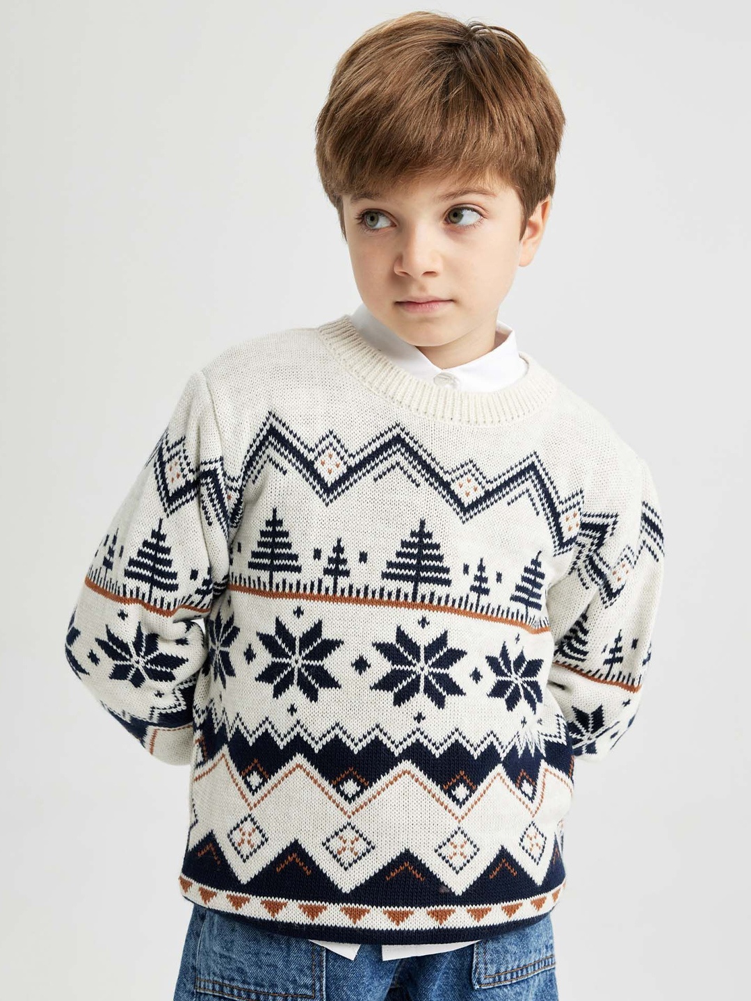 

DeFacto Boys Checked Round Neck Long Sleeves Pullover, White