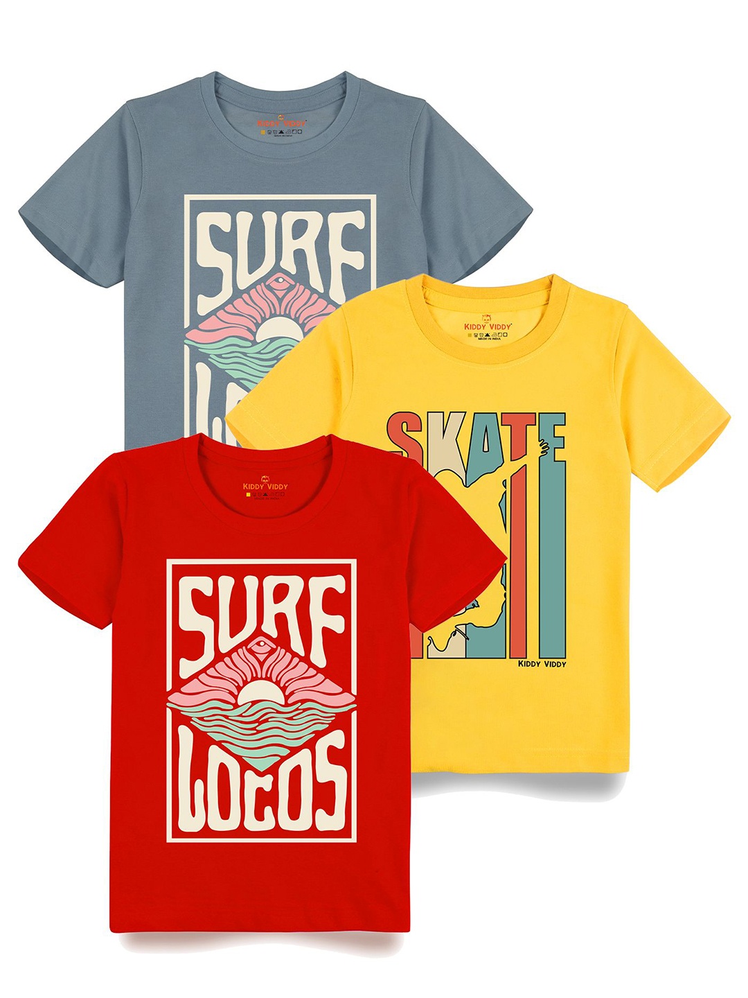 

Kiddy Viddy Boys Pack Of 3 Typography Printed Round Neck Cotton T-shirts, Red
