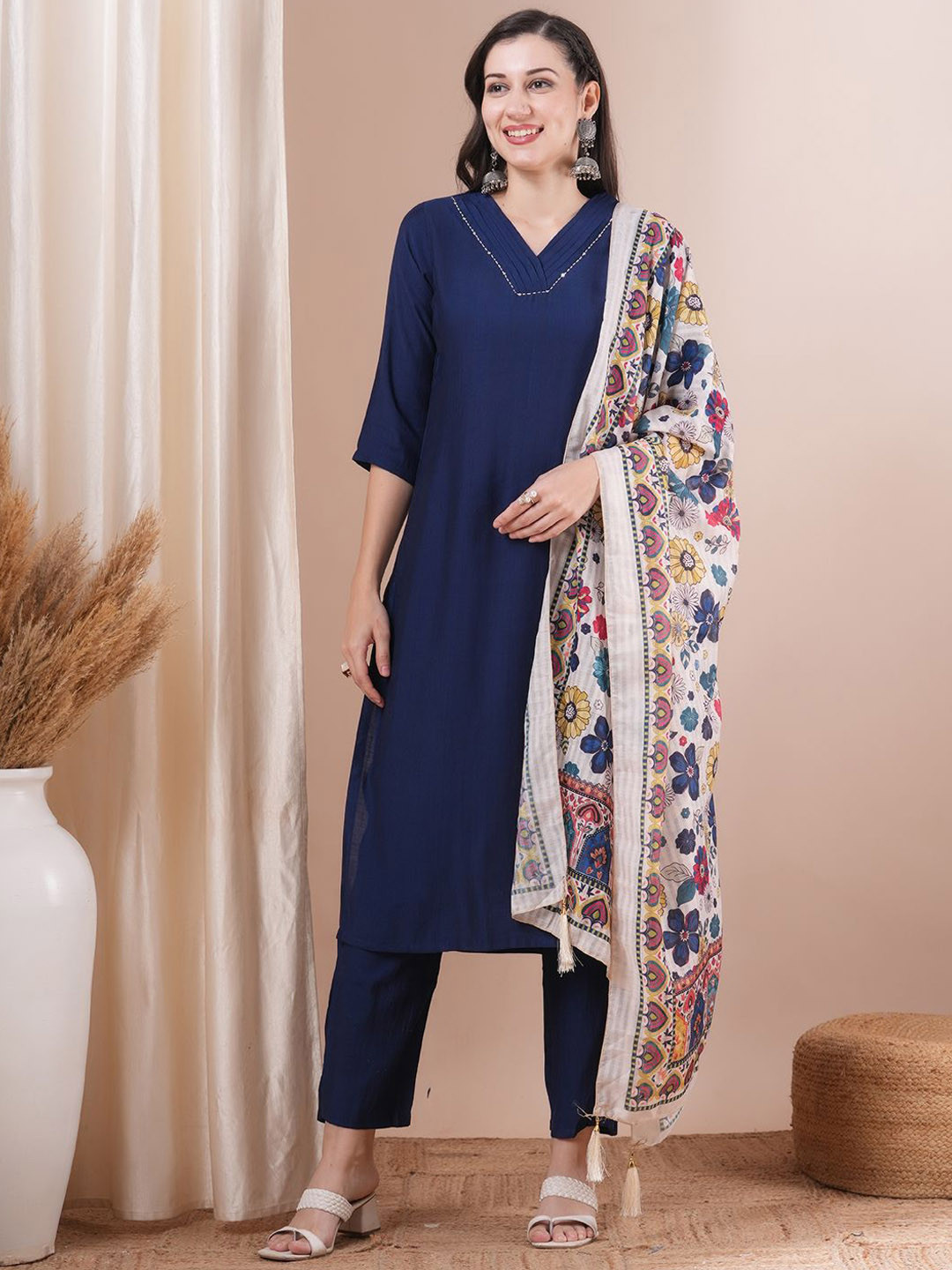 

FASHOR V-Neck Kantha Work Straight Kurta With Trousers & Dupatta, Blue
