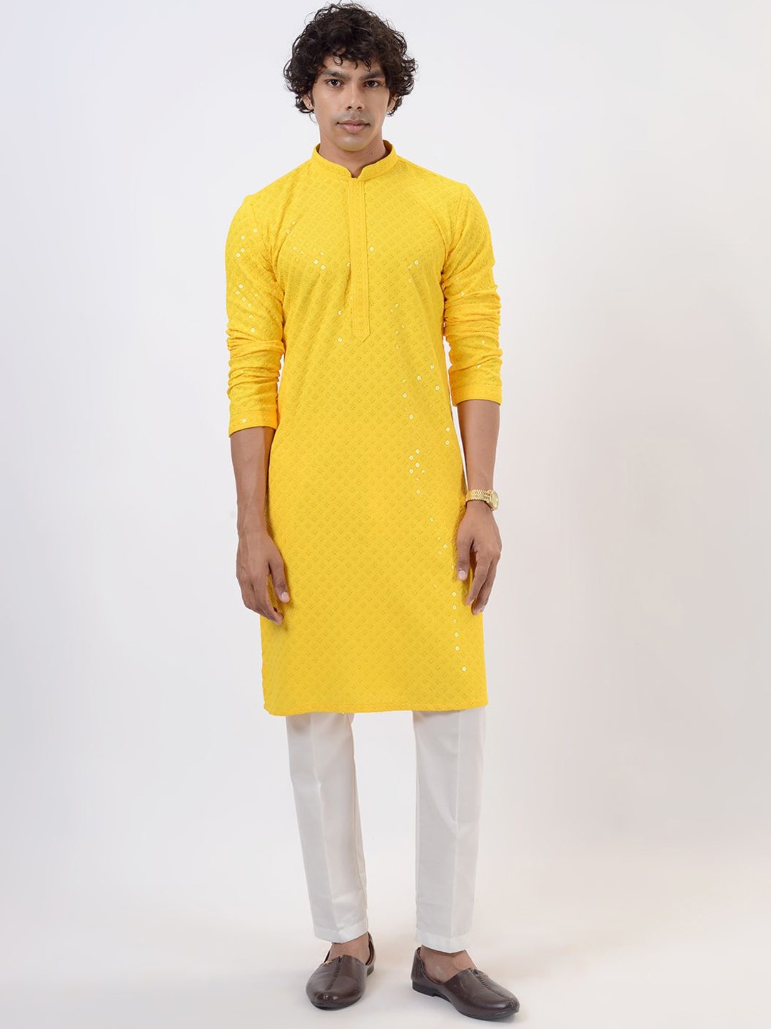 

azania Self Design Embroidered Mandarin Collar Sequinned Straight Kurta With Pyjamas, Yellow