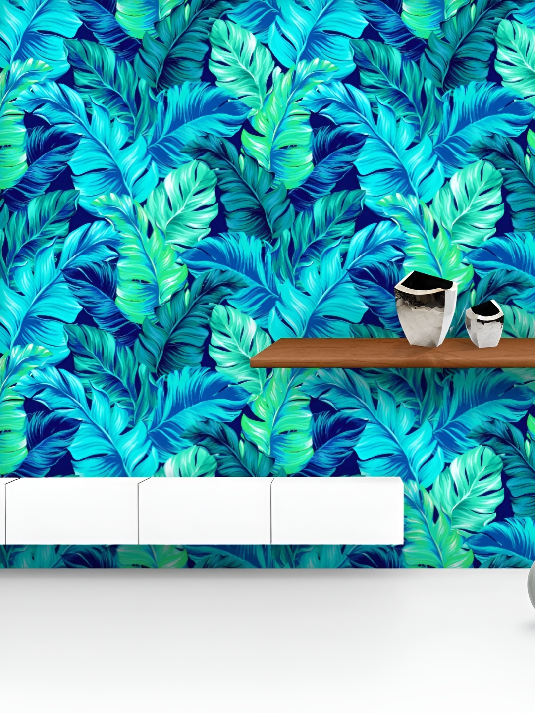 

ArtzFolio Printed UV-Resistant Anti-Bacterial Turquoise Green Tropical Leaves Peel & Stick Wallpaper, Multi