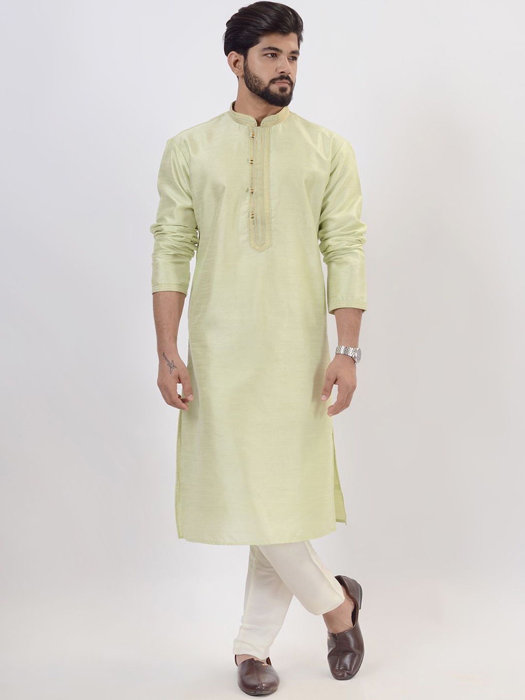 

azania Mandarin Collar Straight Kurta With Trousers, Green