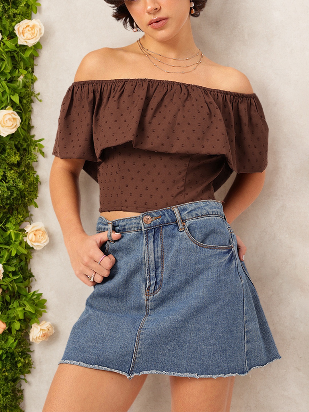 

DressBerry Dobby Dreams Ruffled Bardot Crop Top, Brown