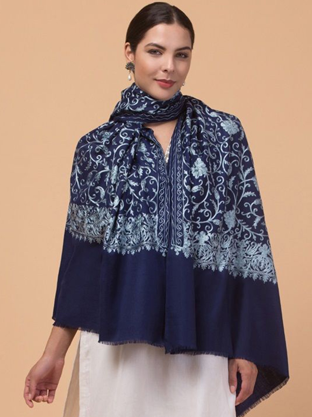 

Tweedle Floral Kashmiri Embroidered Aari Work Acrylic Woollen Shawl, Navy blue