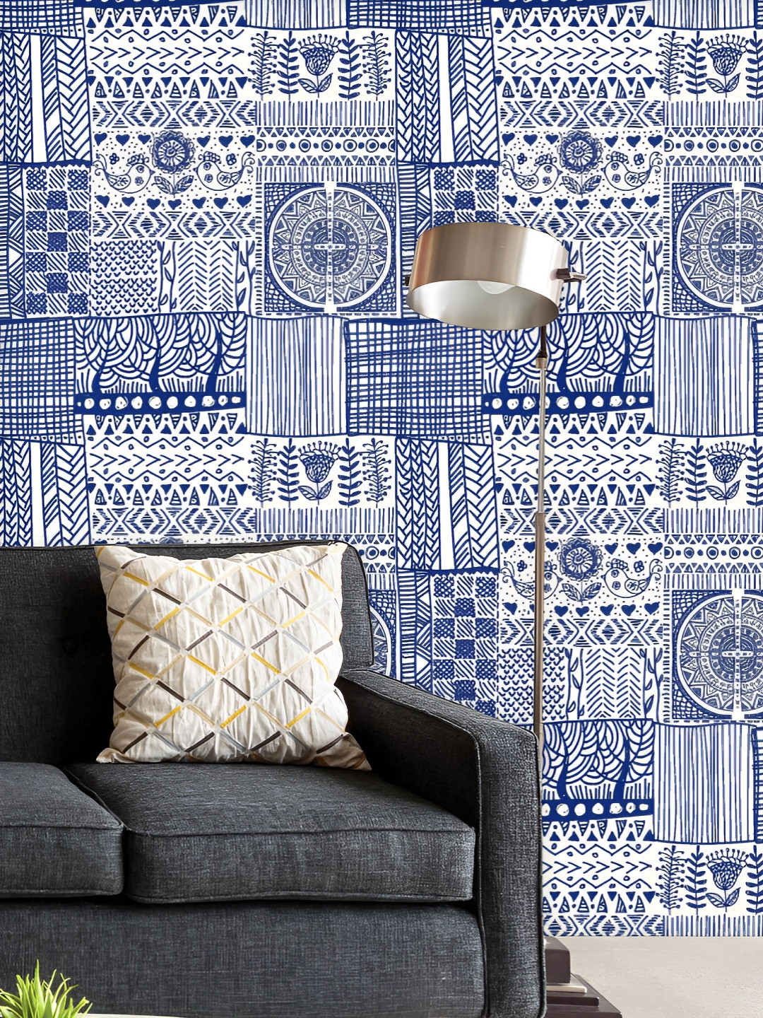 

ArtzFolio Blue & White Geometric Printed UV Resistant Wallpaper