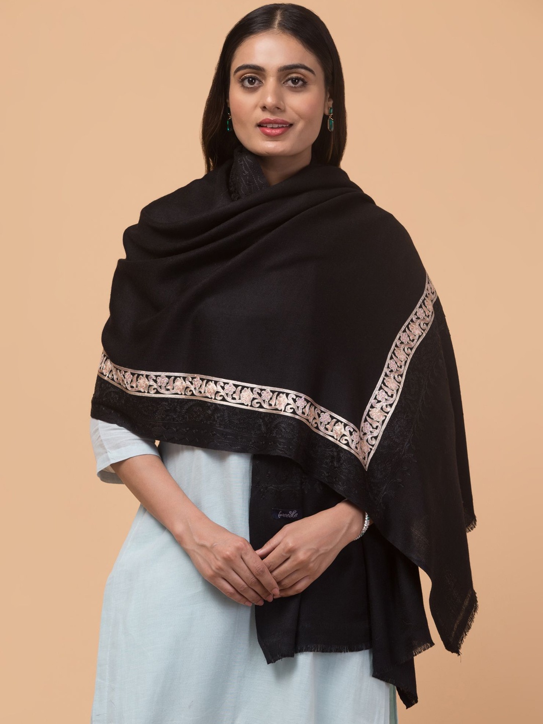 

Tweedle Floral Embroidered Pure Woollen Shawl, Black