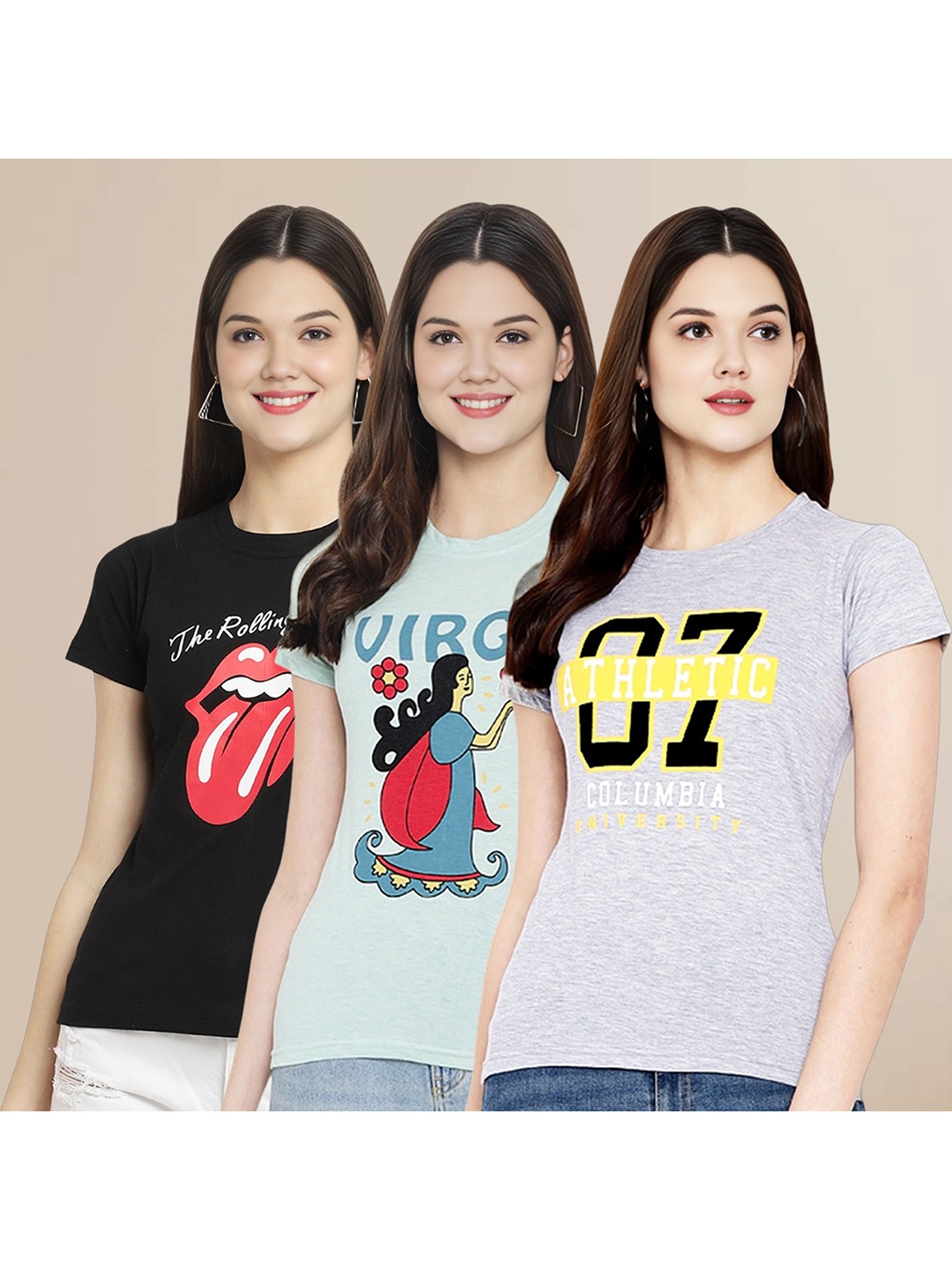

Metronaut Women Pack Of 3 Typography Printed Round Neck Cotton T-shirts, Black