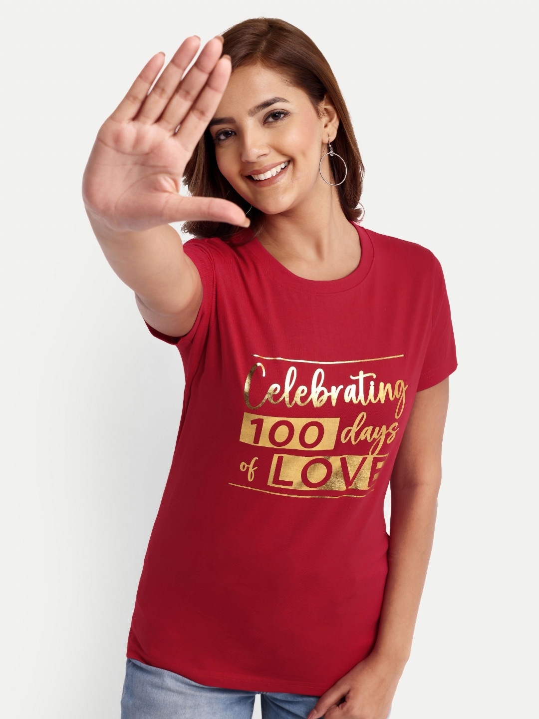 

THOTTIL Women Typography Printed Applique T-shirt, Red