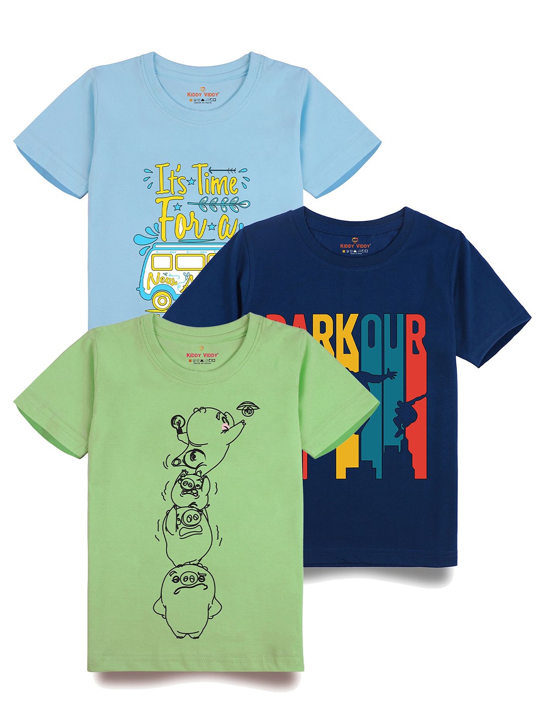 

Kiddy Viddy Boys Pack Of 3 Typography Printed Round Neck Cotton T-shirts, Navy blue