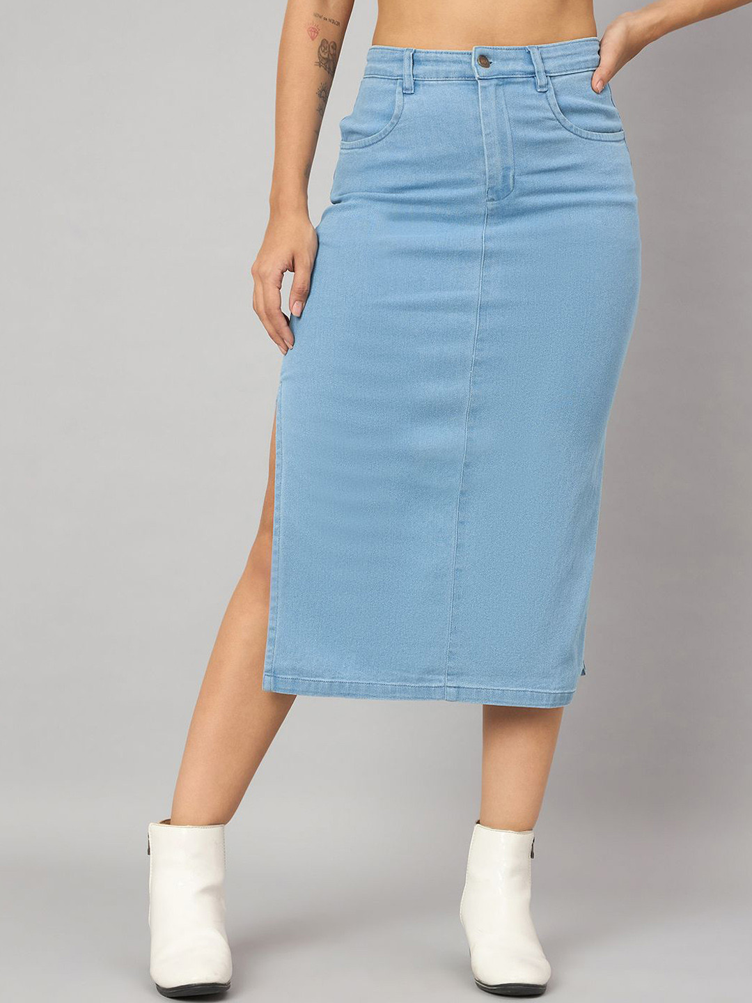

Orchid Blues Women Denim Straight Midi Skirt, Blue