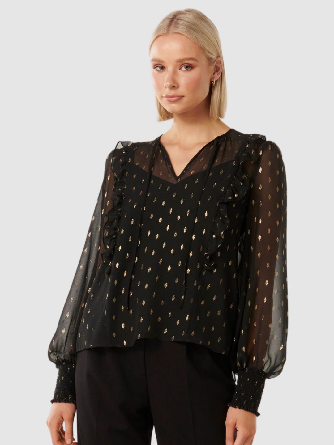 

Forever New Women Shimmer Printed Top, Black