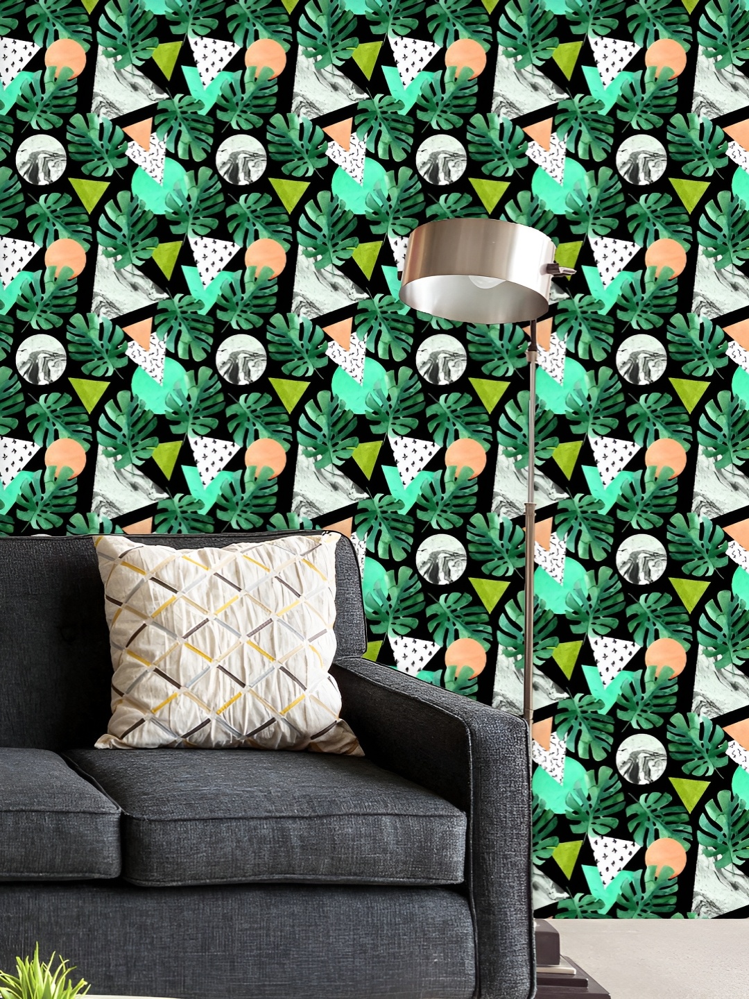 

ArtzFolio Printed UV-Resistant Anti-Bacterial Monstera Leaves & Triangles Peel & Stick Wallpaper, Multi