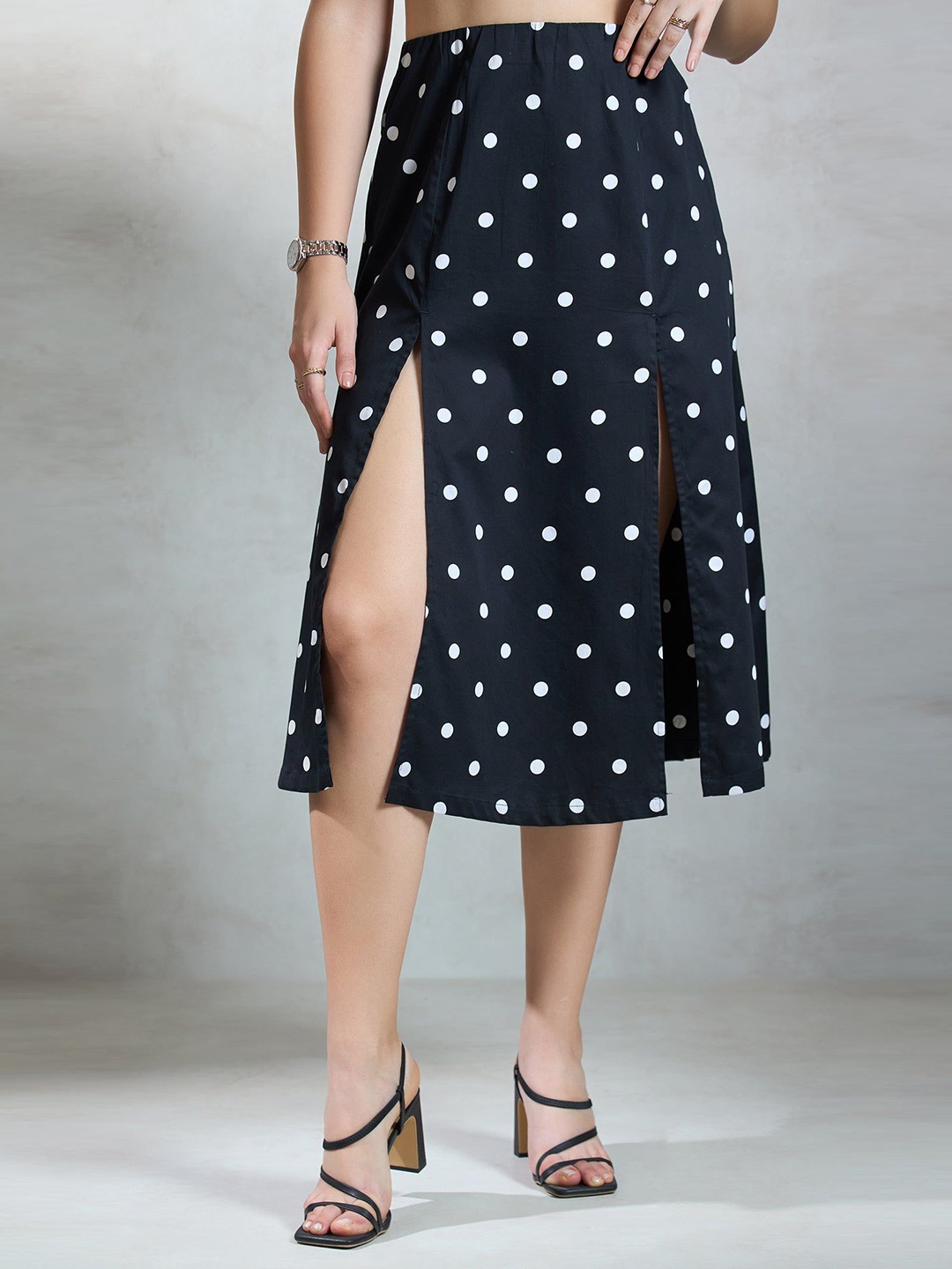 

Virgio Women Cotton Midi Length Printed Skirt, Black