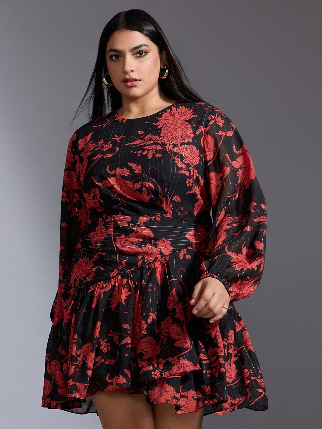 

20Dresses Women Floral Print Bishop Sleeve Chiffon Fit & Flare Mini Dress, Black