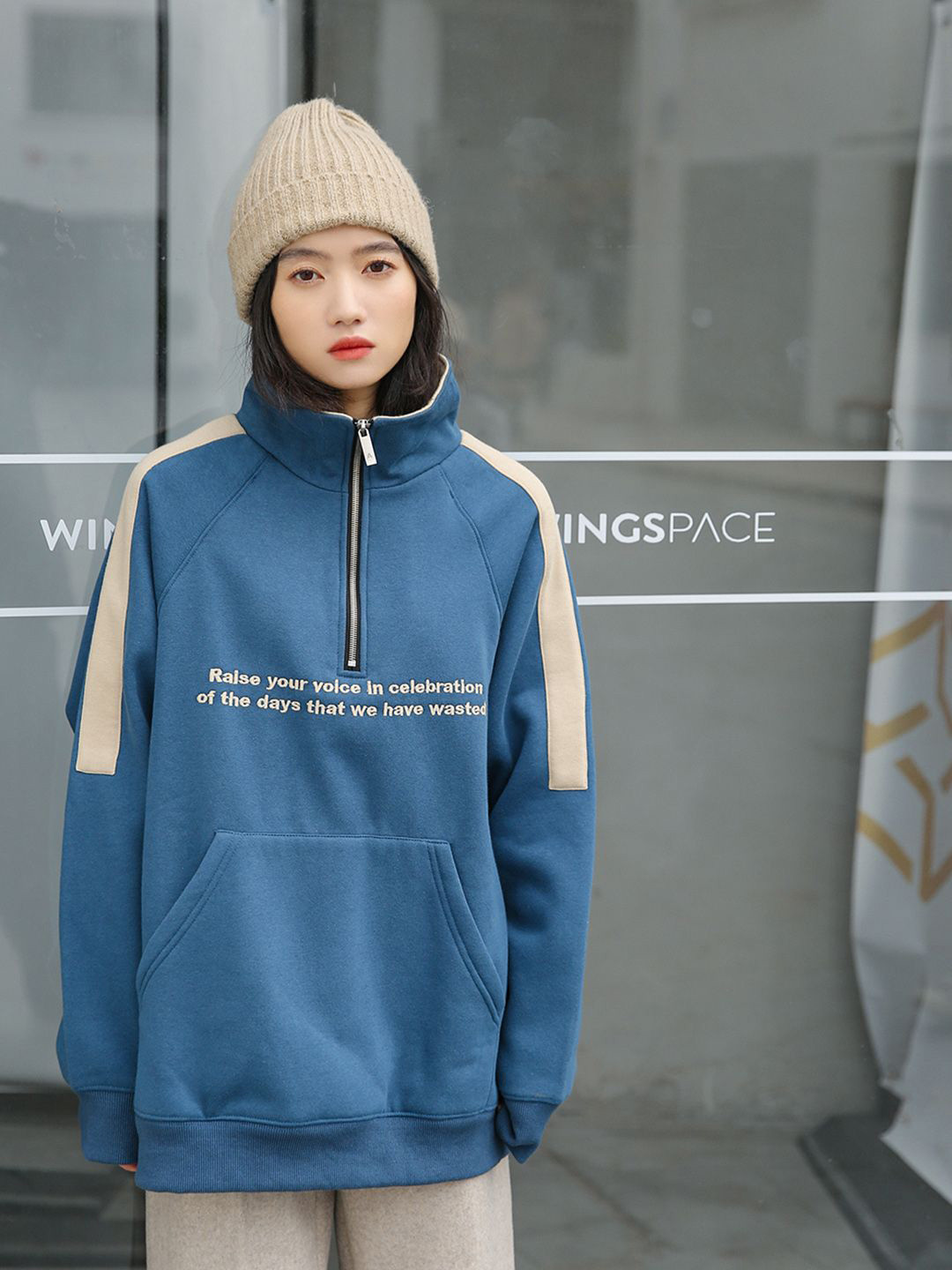 

JC Mode Women Cotton Typography Printed High Neck Casual Sweatshirt, Blue