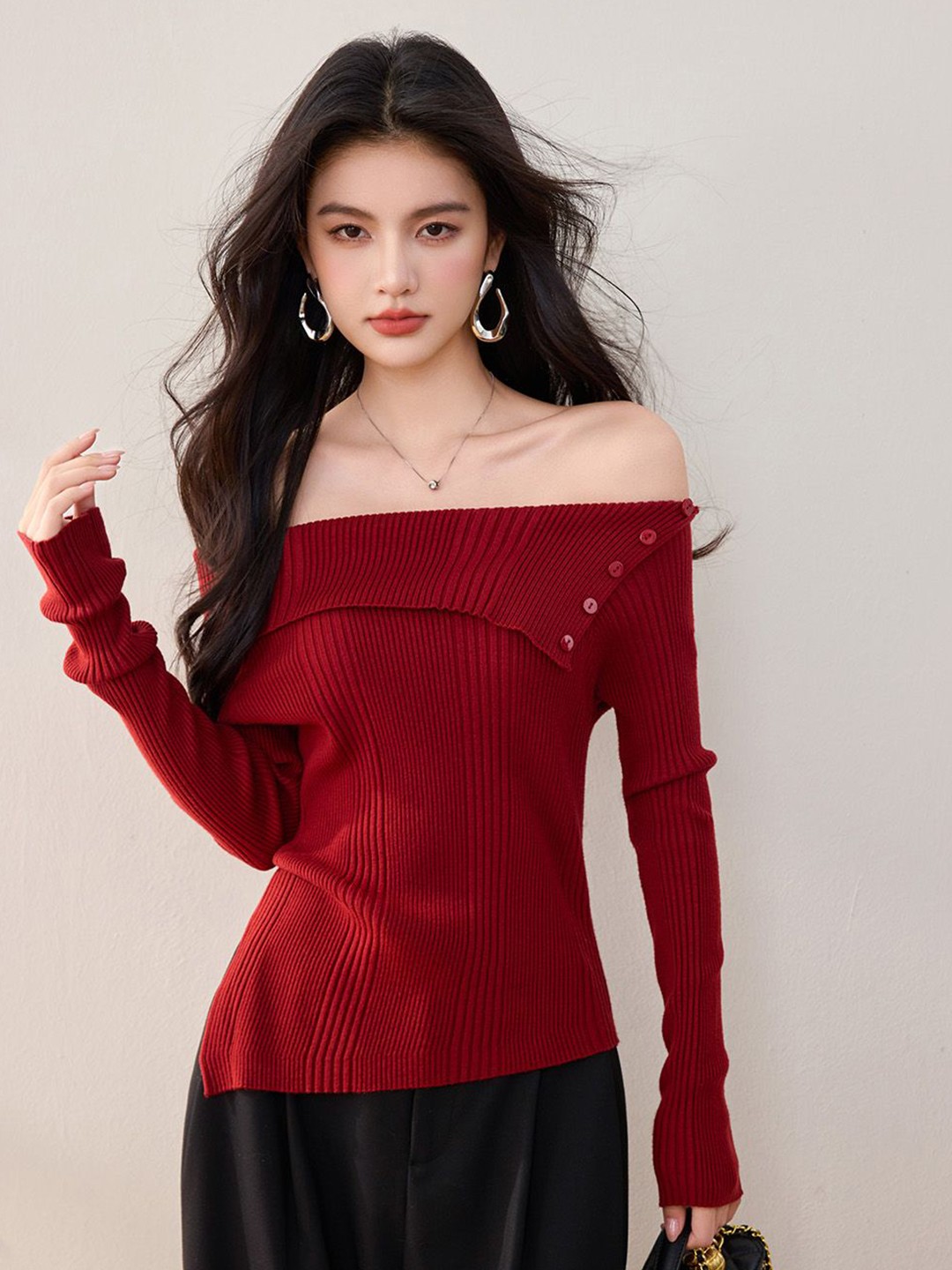 

JC Collection Women Ribbed Off-Shoulder Long Sleeves Pullover Sweater, Red