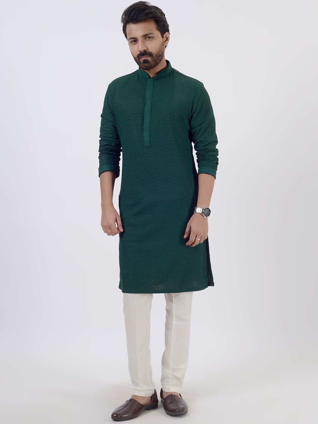 

azania Mandarin Collar Floral Self Design Straight Kurta with Trouser, Green