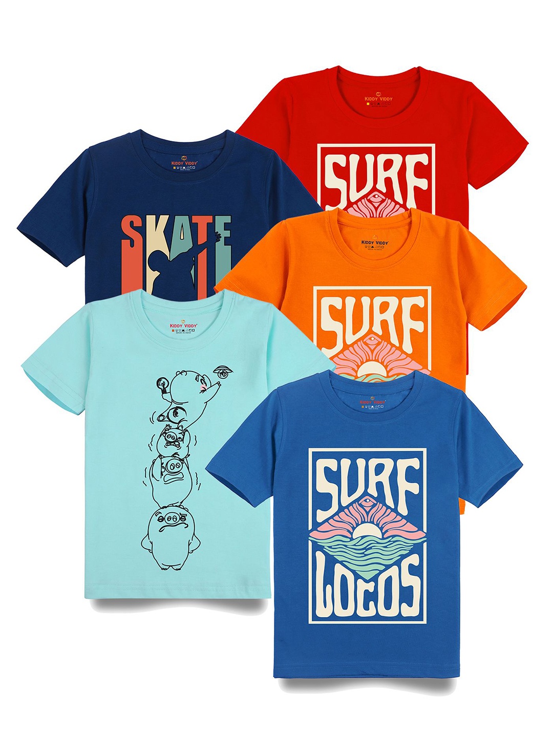 

Kiddy Viddy Boys Pack Of 5 Typography Printed Round Neck Cotton T-shirts, Navy blue