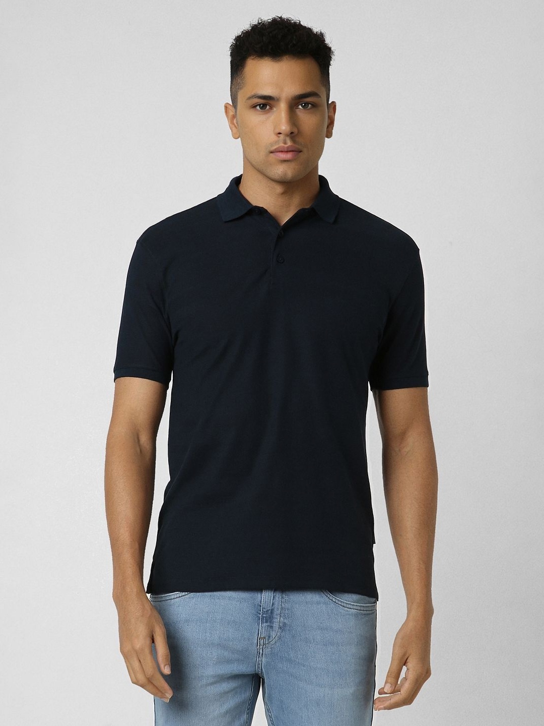 

V Dot Men Polo Collar Pockets Slim Fit T-shirt, Navy blue