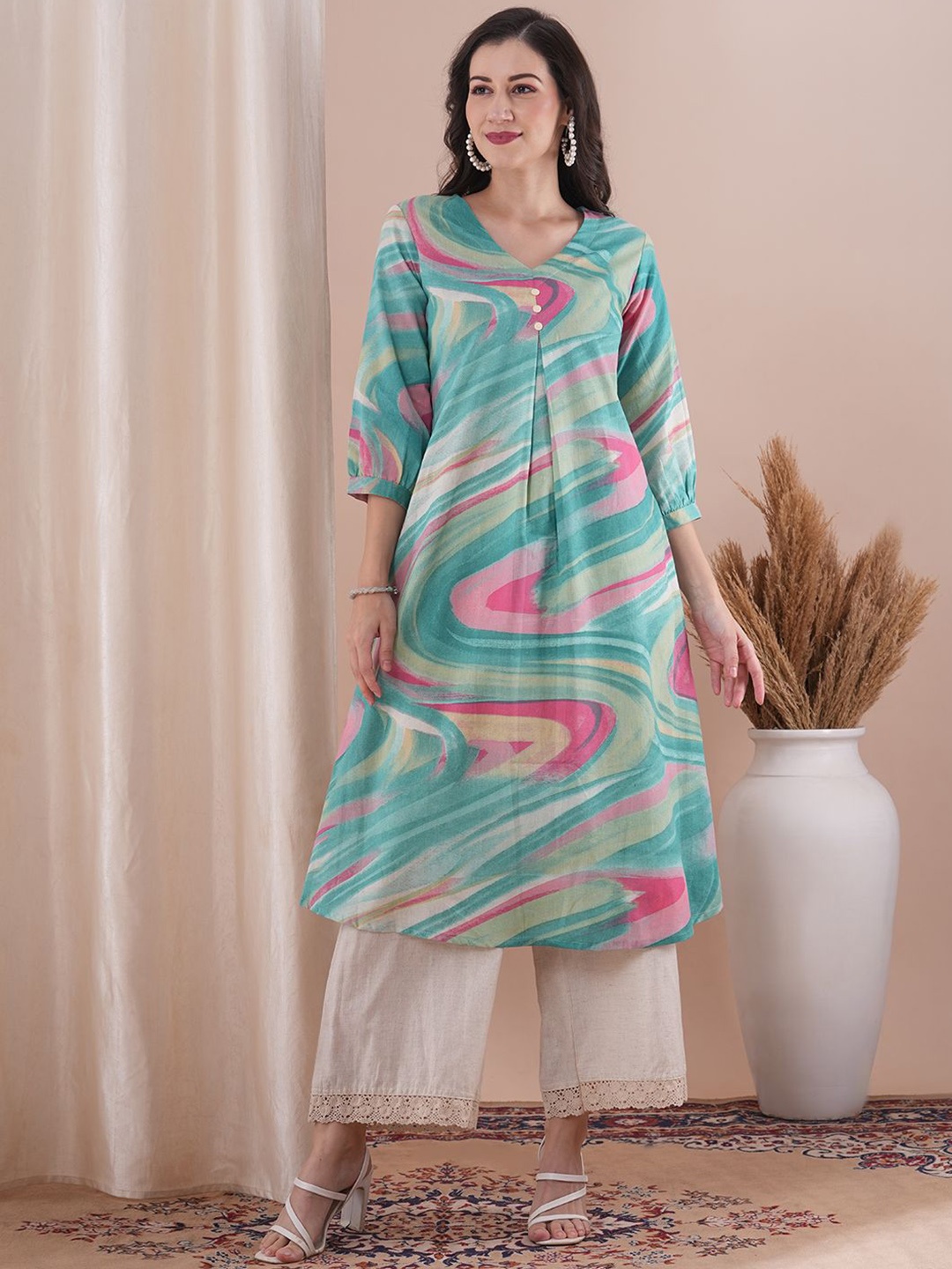 

FASHOR Green V-Neck Abstract Printed Cotton A-Line Kurta