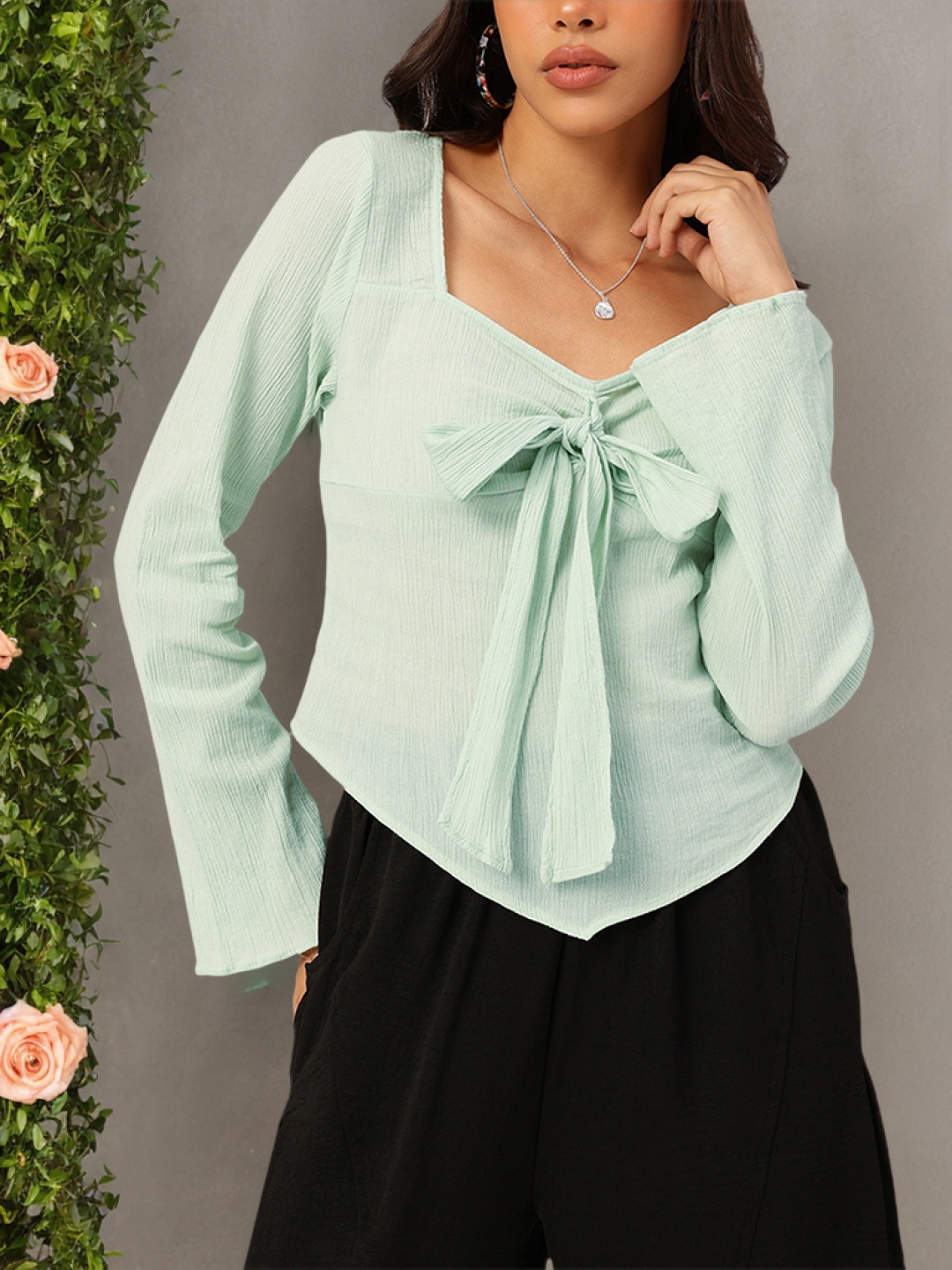 

DressBerry Flirty Bow Tie-Up Crinkled Flared Sleeve Top, Sea green