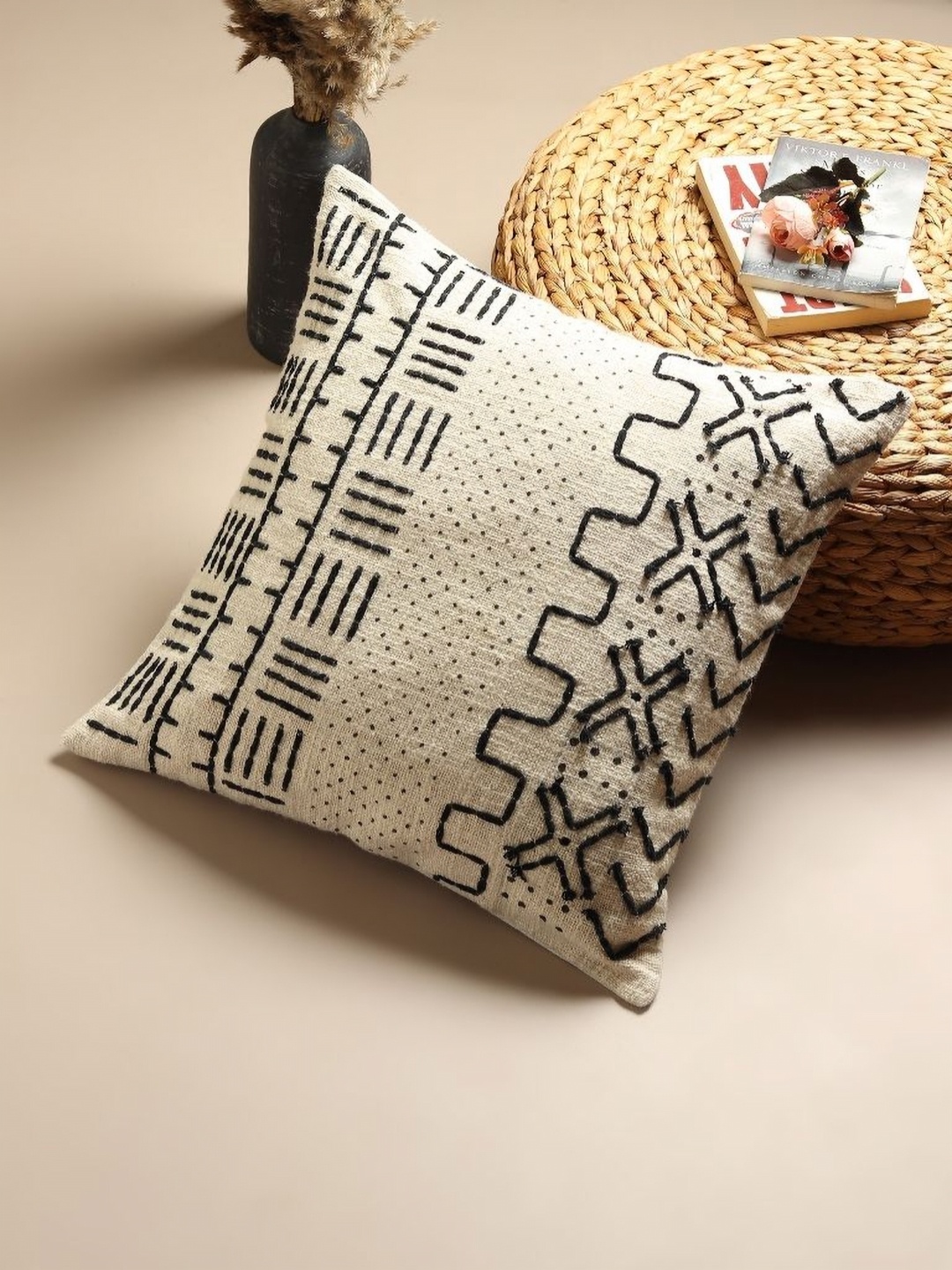 

Art Avenue White & Black Geometric Embroidered Cotton Square Cushion Covers