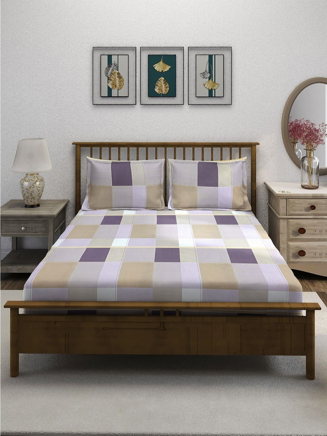 

SWAYAM Ananda Purple Checked Pure Printed Cotton 210 TC King Bedsheet Set 2.74 x 2.28m