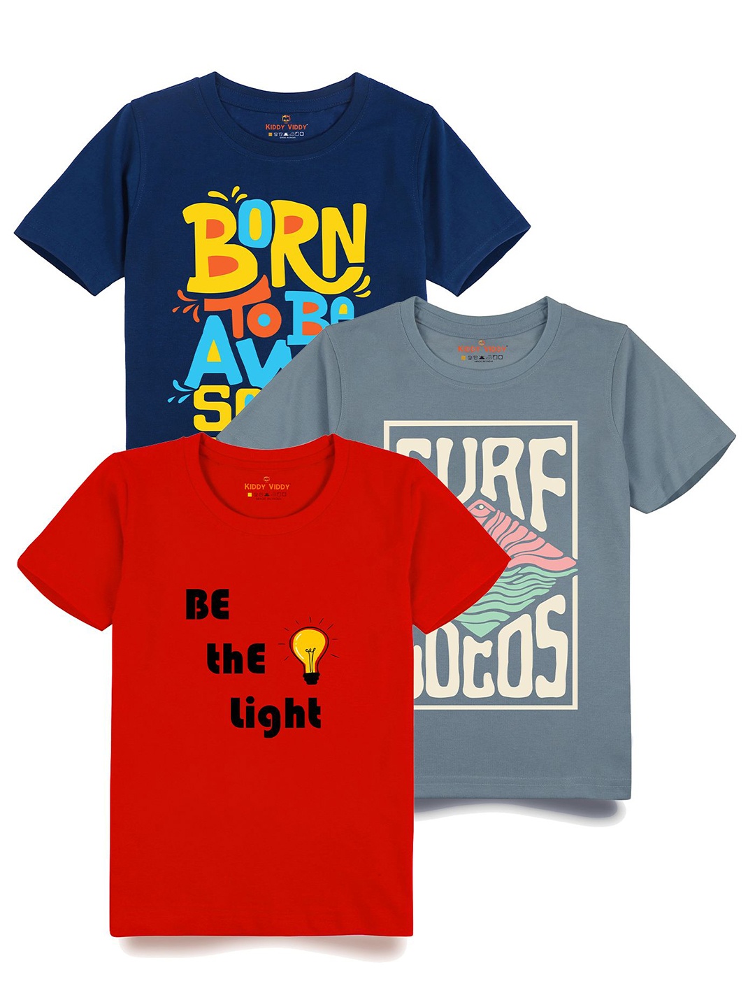 

Kiddy Viddy Boys Pack Of 3 Typography Printed Round Neck Cotton T-shirts, Grey