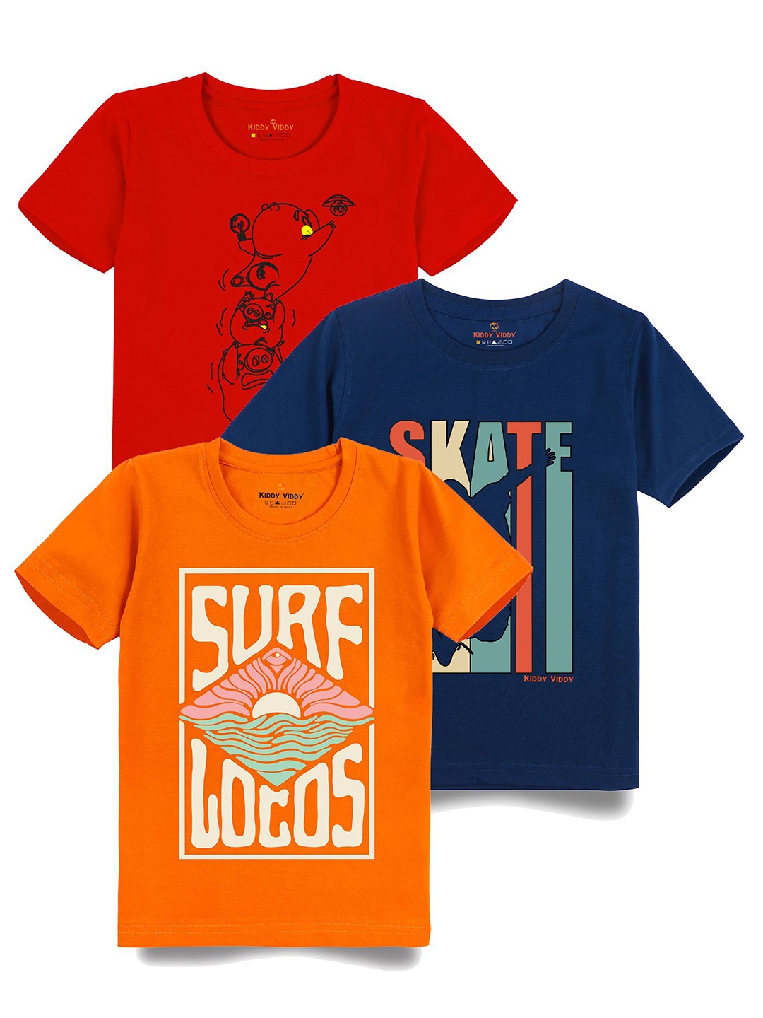 

Kiddy Viddy Boys Pack Of 3 Typography Printed Round Neck Cotton T-shirts, Navy blue