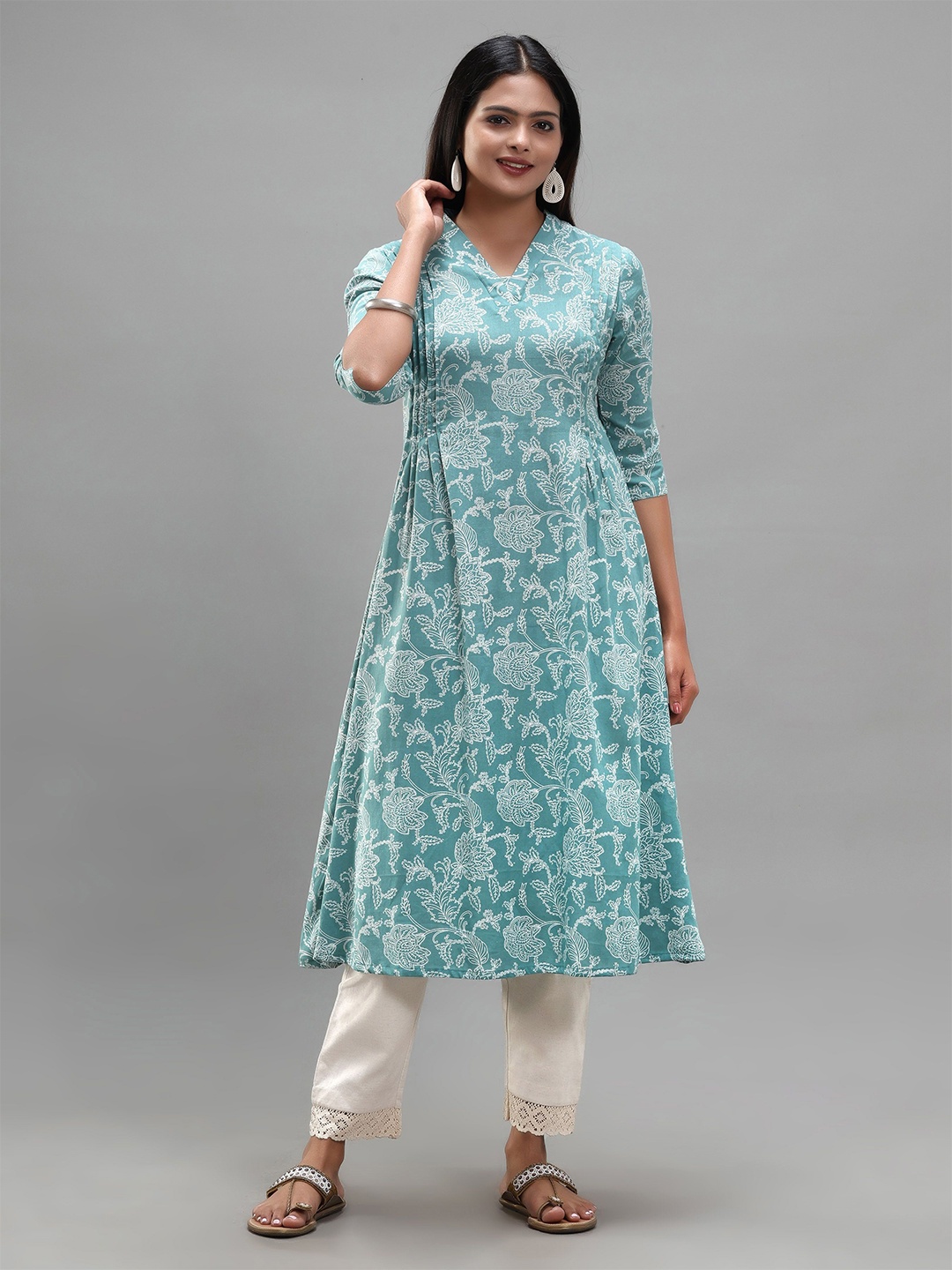 

Vismay Women Floral Printed V-Neck Cotton A-Line Kurta, Blue