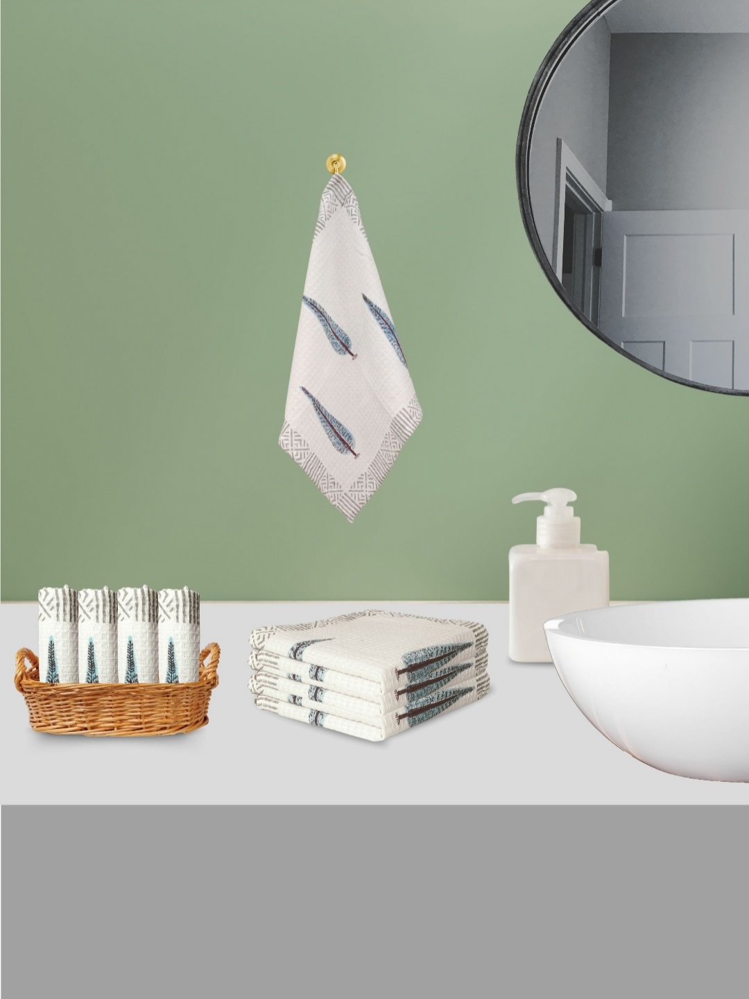 

LIVING ROOTS White 8 Pieces Block Print Waffle Cotton 400 GSM Soft & Absorbent Towel Set
