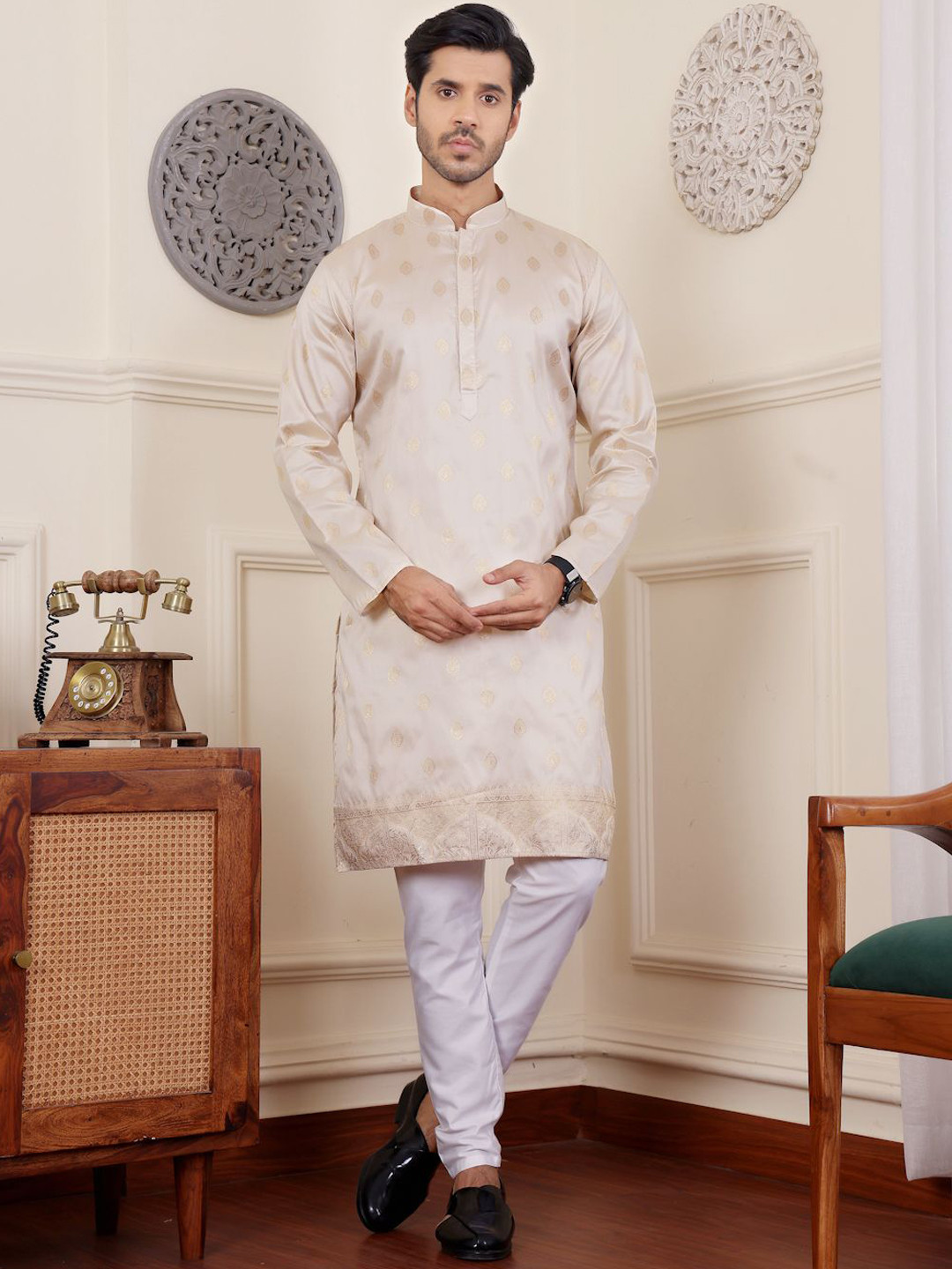 

Rawayi Ethnic Motifs Woven Design Straight Kurta, Beige