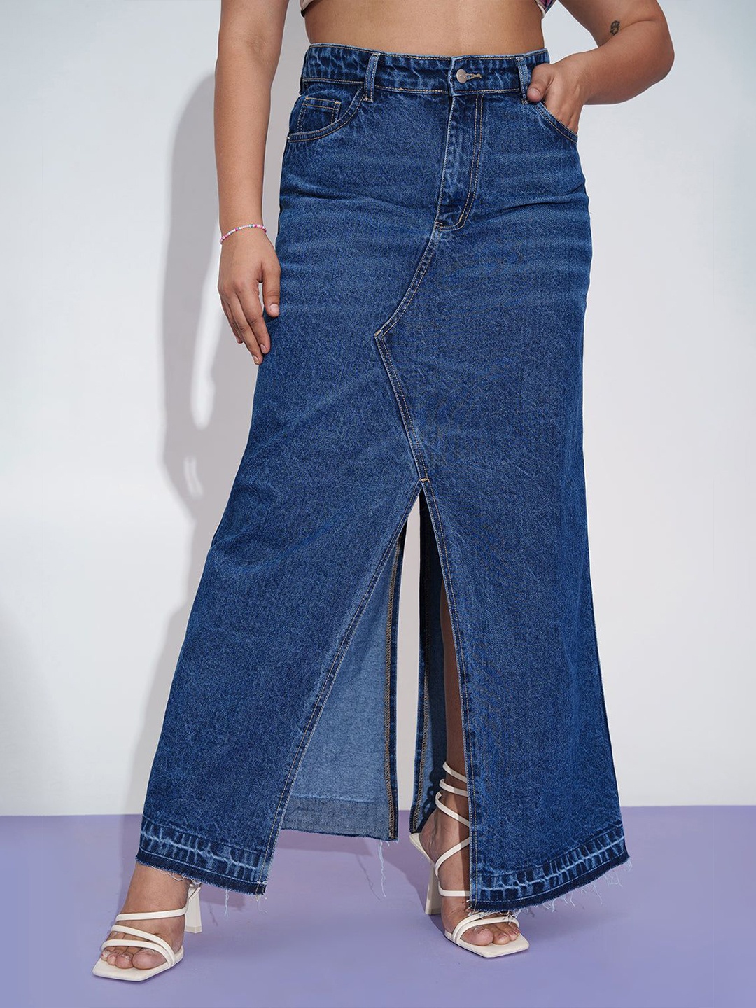 

FREAKINS Women Straight Pure Cotton Maxi Front & Back Slit Skirts, Blue