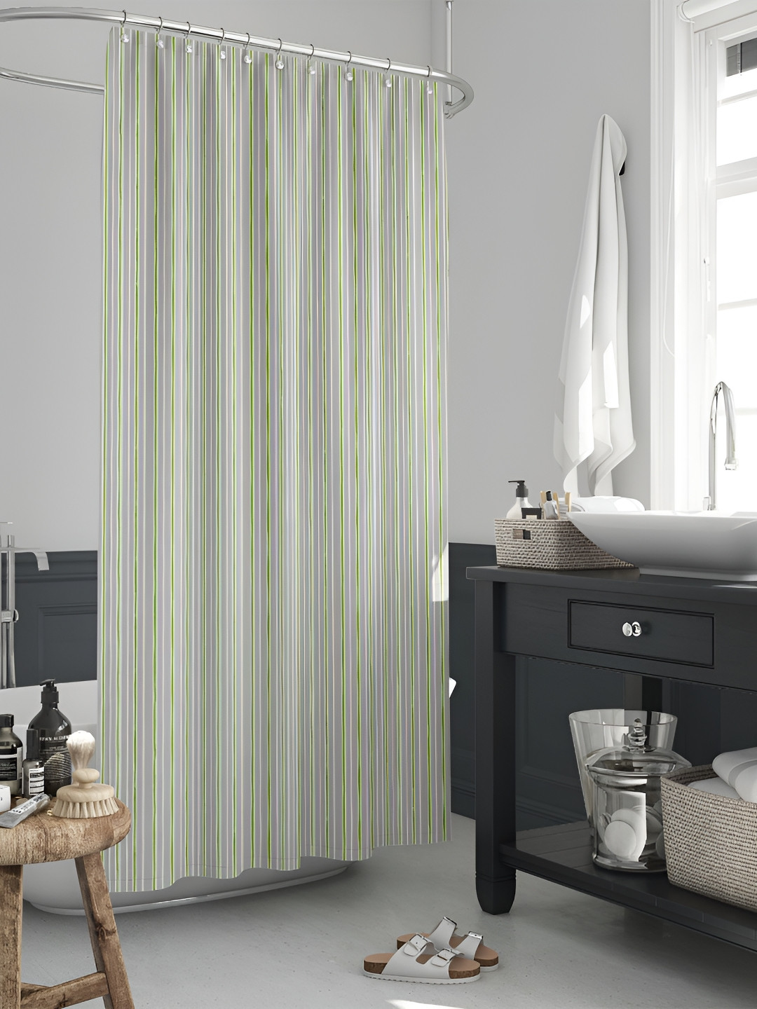 

ArtzFolio Grey & Green Striped Waterproof Shower Curtain