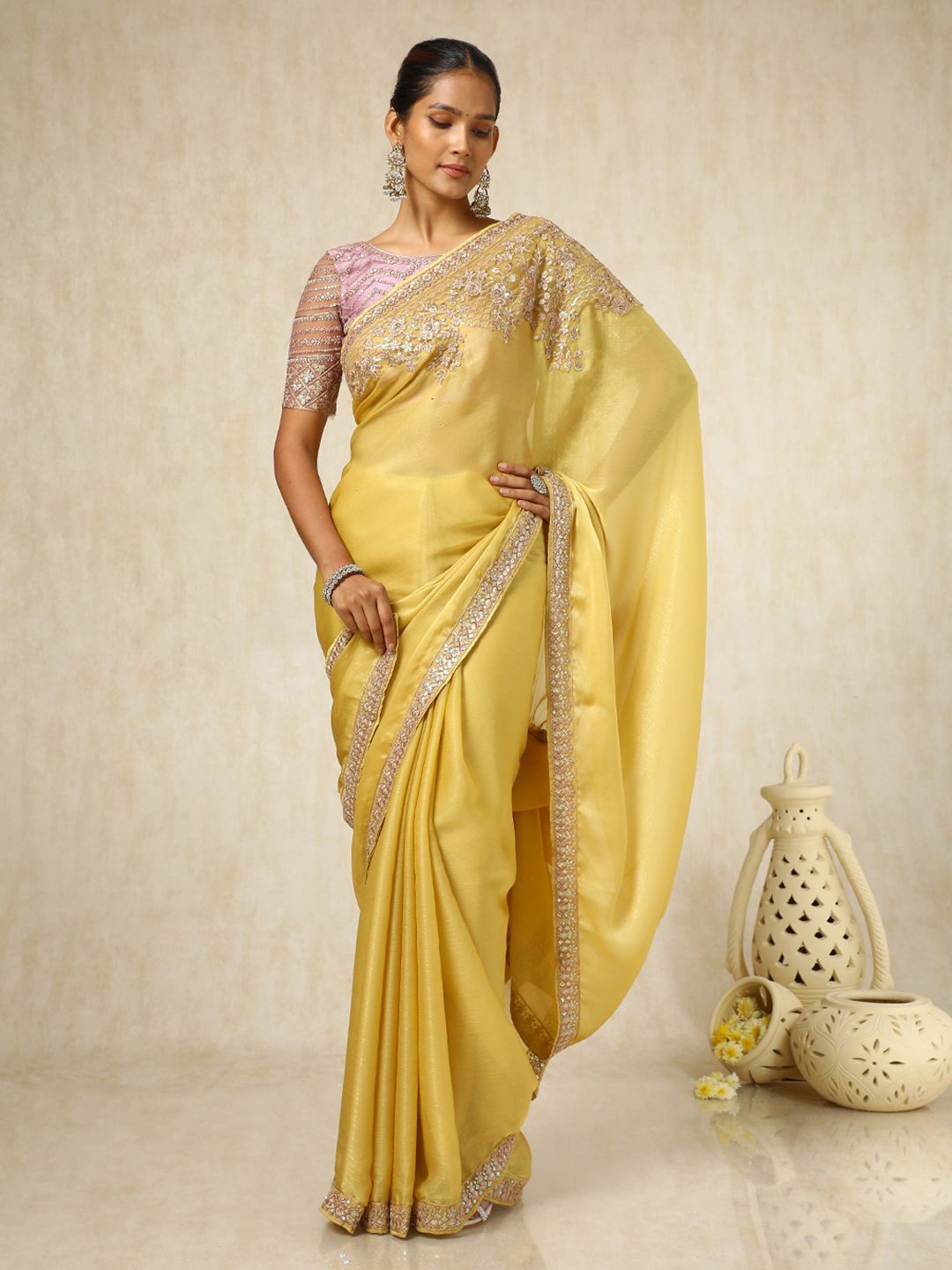 

Soch Embroidered Sequinned Saree, Yellow