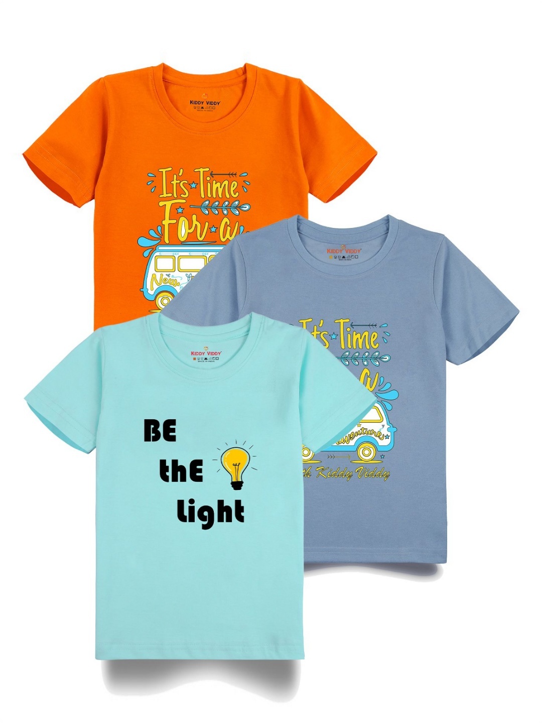 

Kiddy Viddy Boys Pack Of 3 Typography Printed Round Neck Cotton T-shirts, Grey