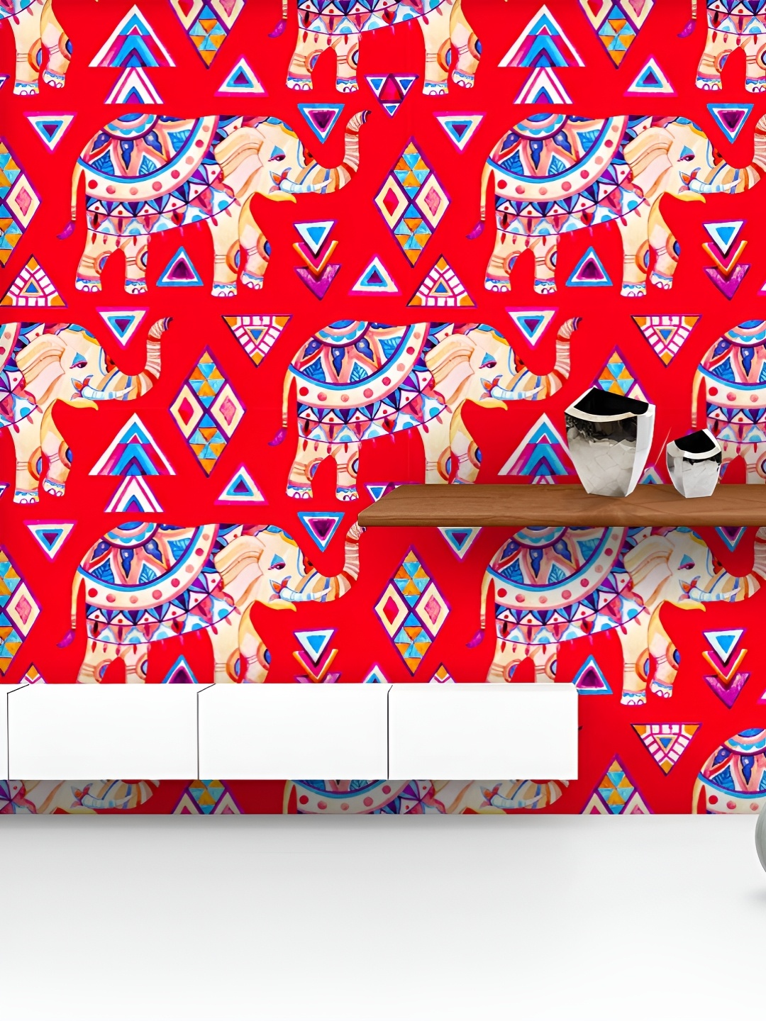 

ArtzFolio Printed UV-Resistant Anti-Bacterial Indian Elephant With Ornament Elements Peel & Stick Wallpaper, Multi