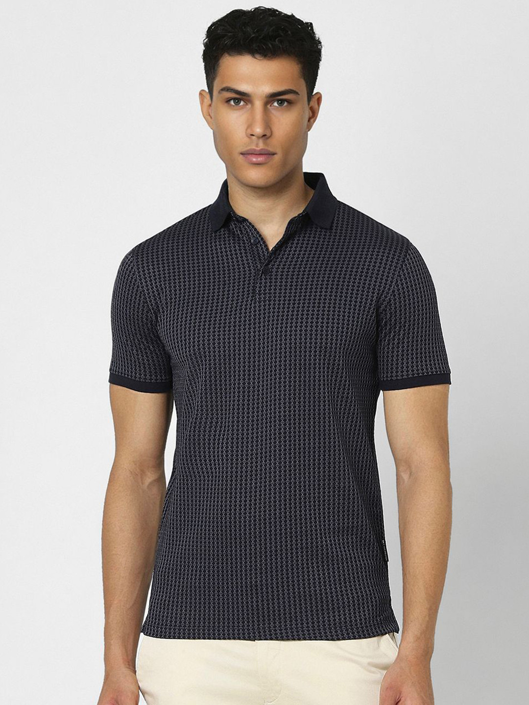 

V Dot Men Printed Polo Collar Slim Fit T-shirt, Navy blue