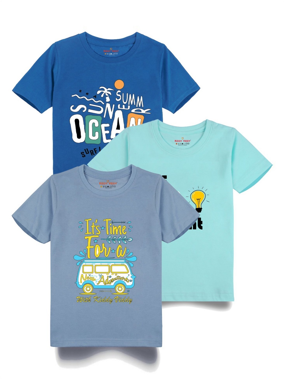 

Kiddy Viddy Boys Pack Of 3 Typography Printed Round Neck Cotton T-shirts, Sea green