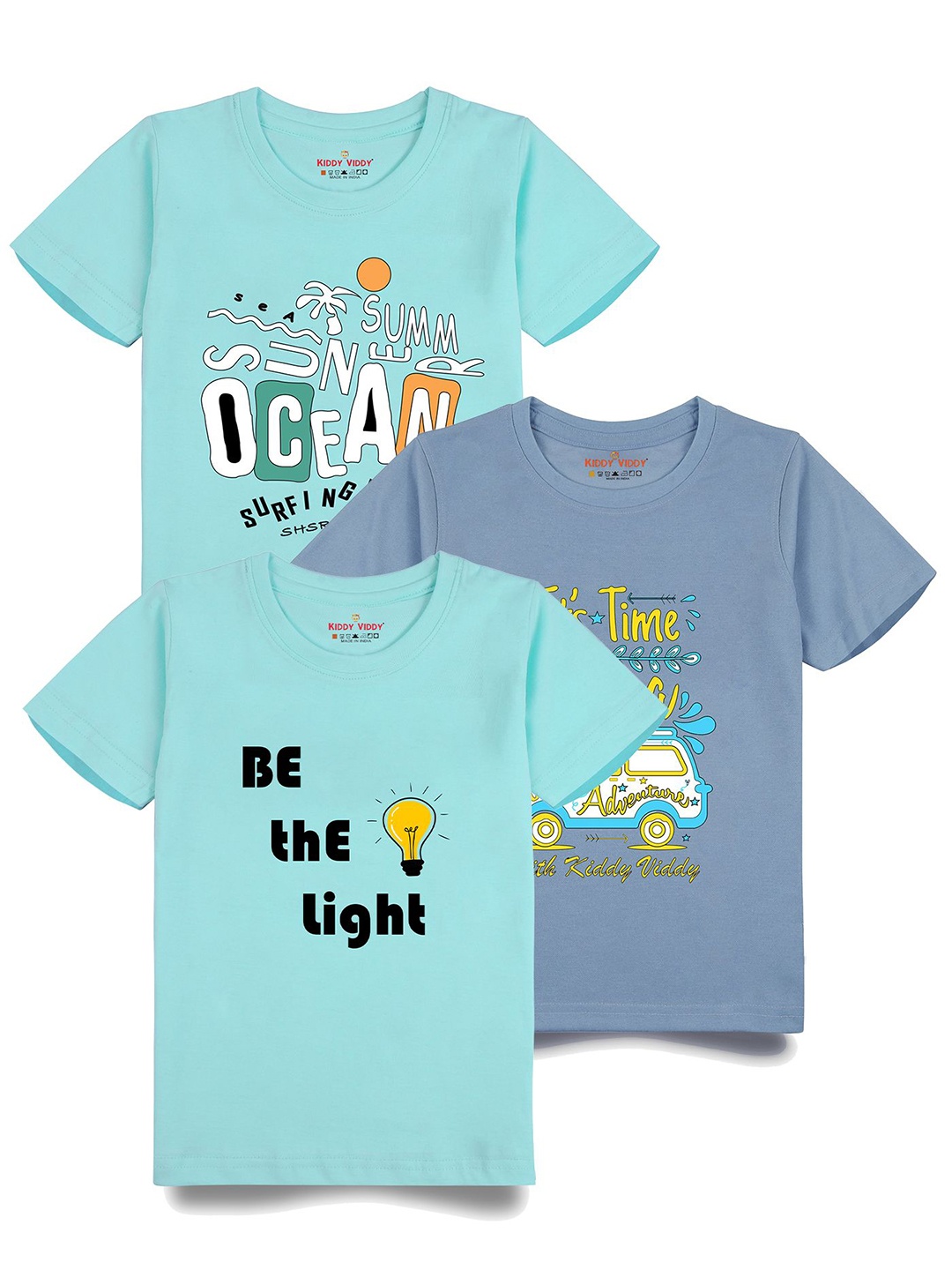 

Kiddy Viddy Boys Pack Of 3 Typography Printed Round Neck Cotton T-shirts, Sea green