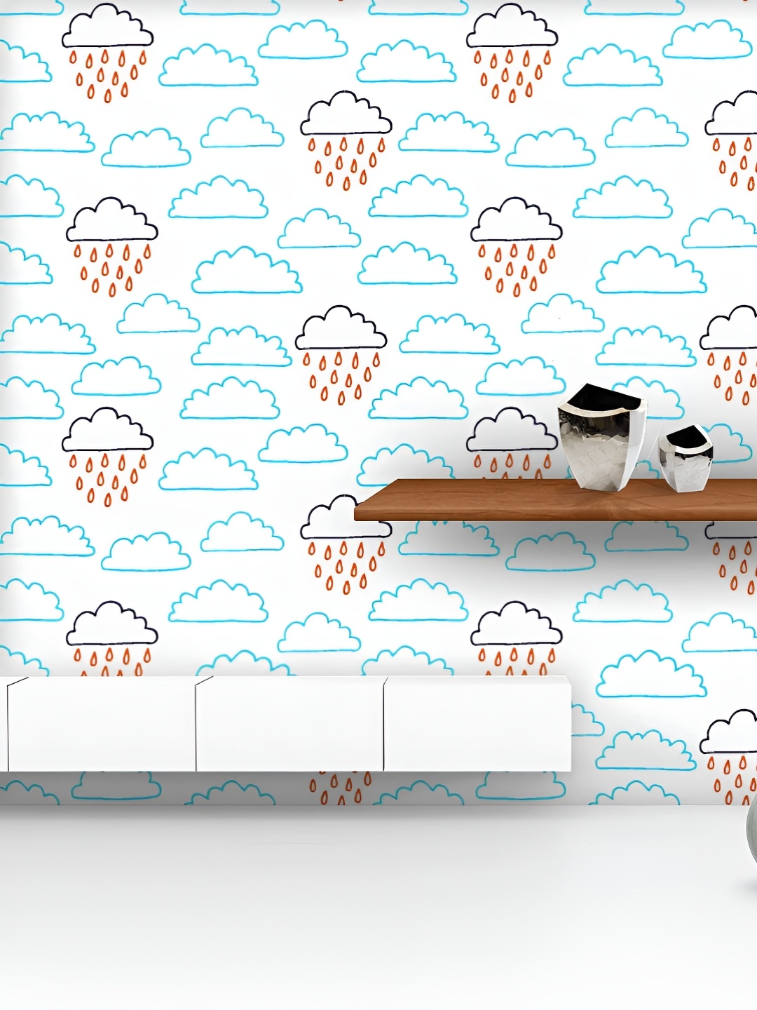 

ArtzFolio Printed UV-Resistant Anti-Bacterial Clouds & Raindrops Peel & Stick Wallpaper, Multi