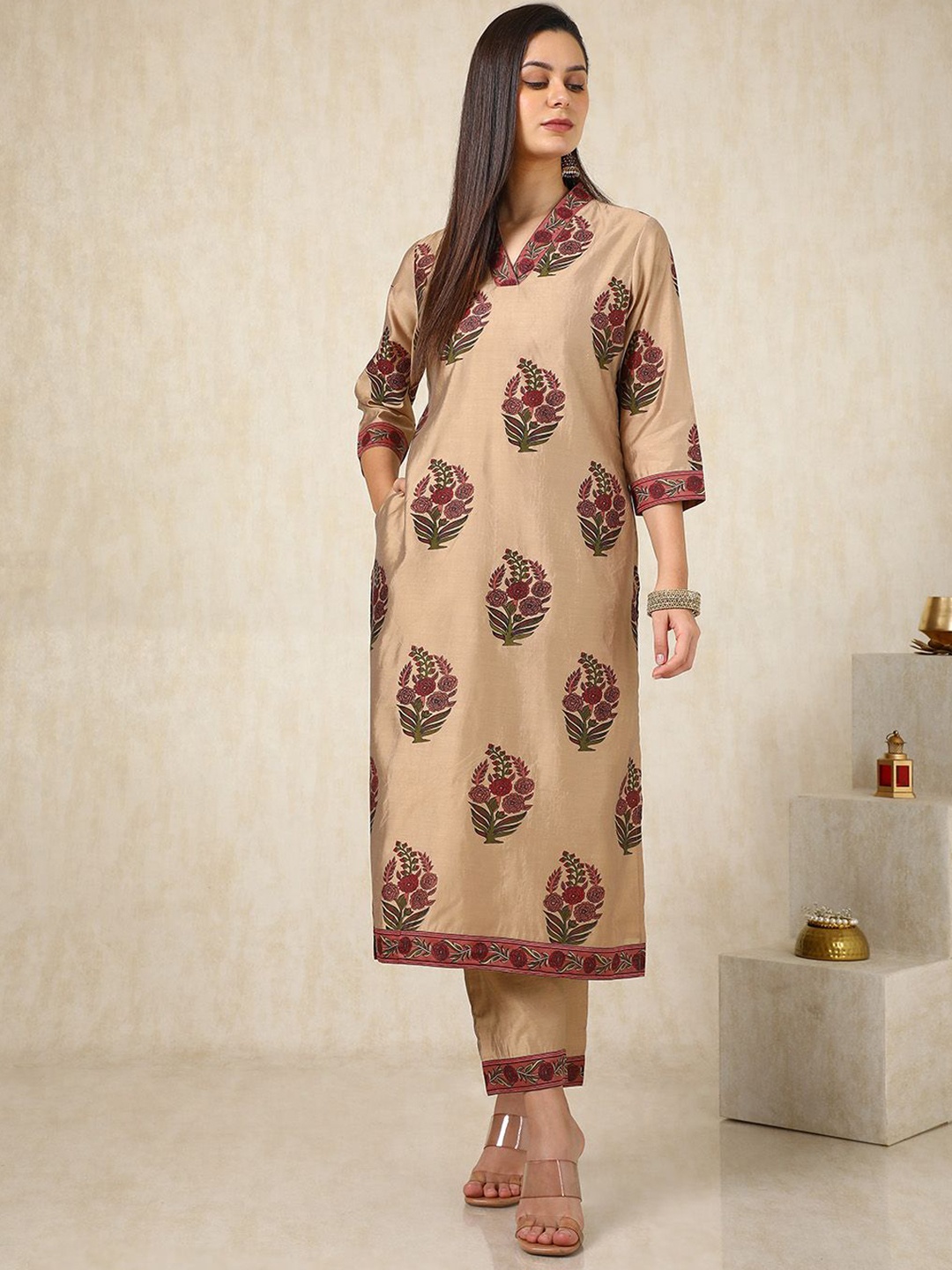 

Soch Brown Floral Printed V-Neck Regular Kurta With Trousers